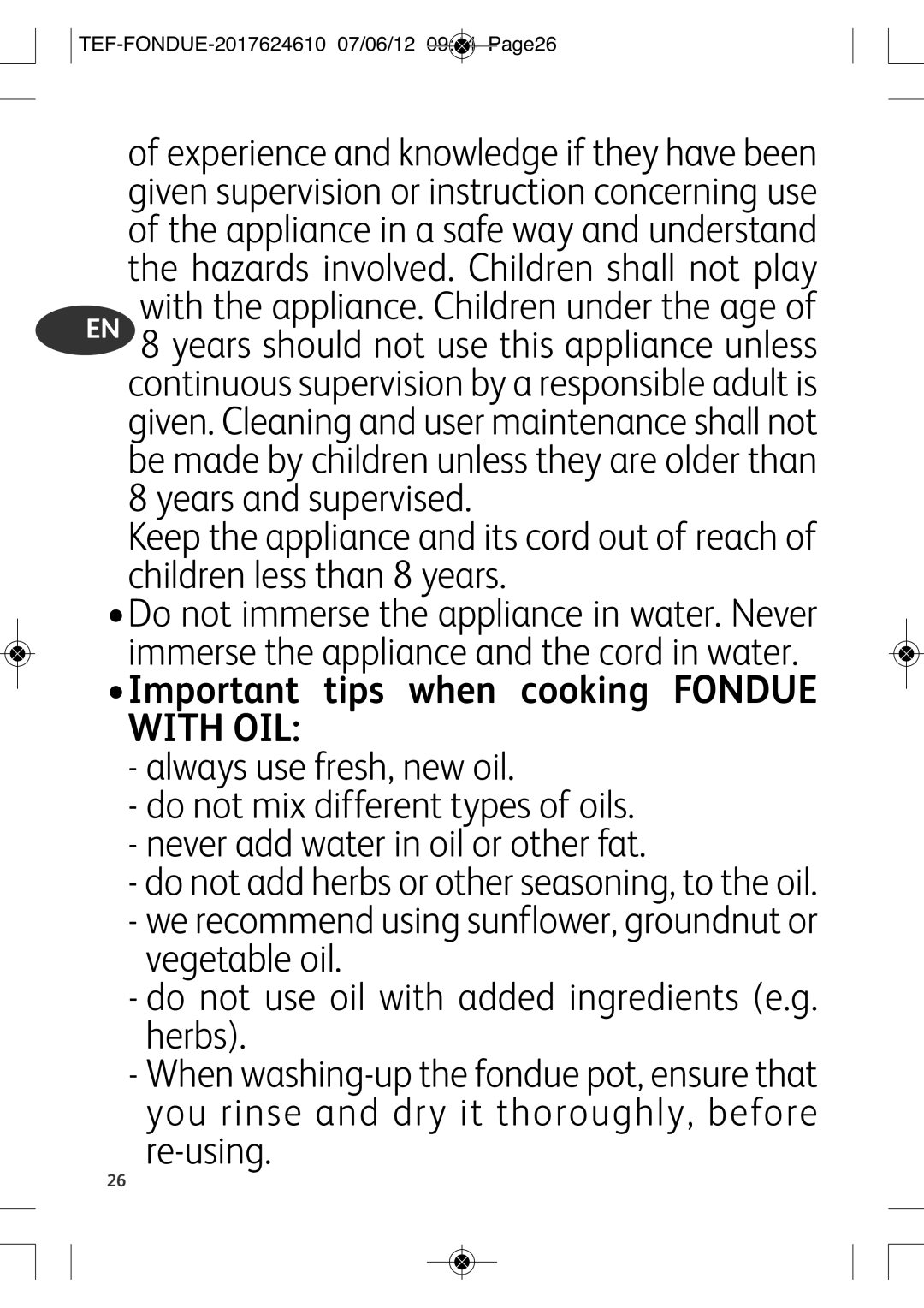 Tefal EF352116 manual Important tips when cooking Fondue with OIL, TEF-FONDUE-2017624610 07/06/12 0944 PAGE26 