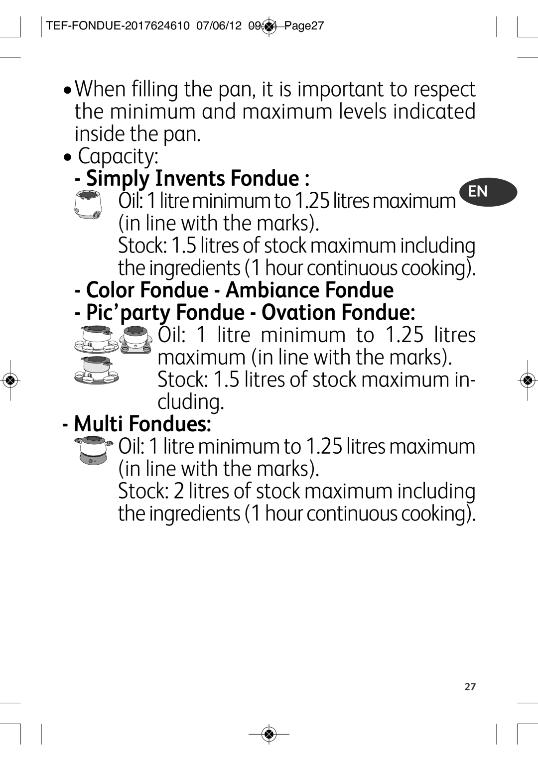 Tefal EF352116 Oil1litreminimumto1.25litresmaximum EN Line with the marks, TEF-FONDUE-2017624610 07/06/12 0944 PAGE27 