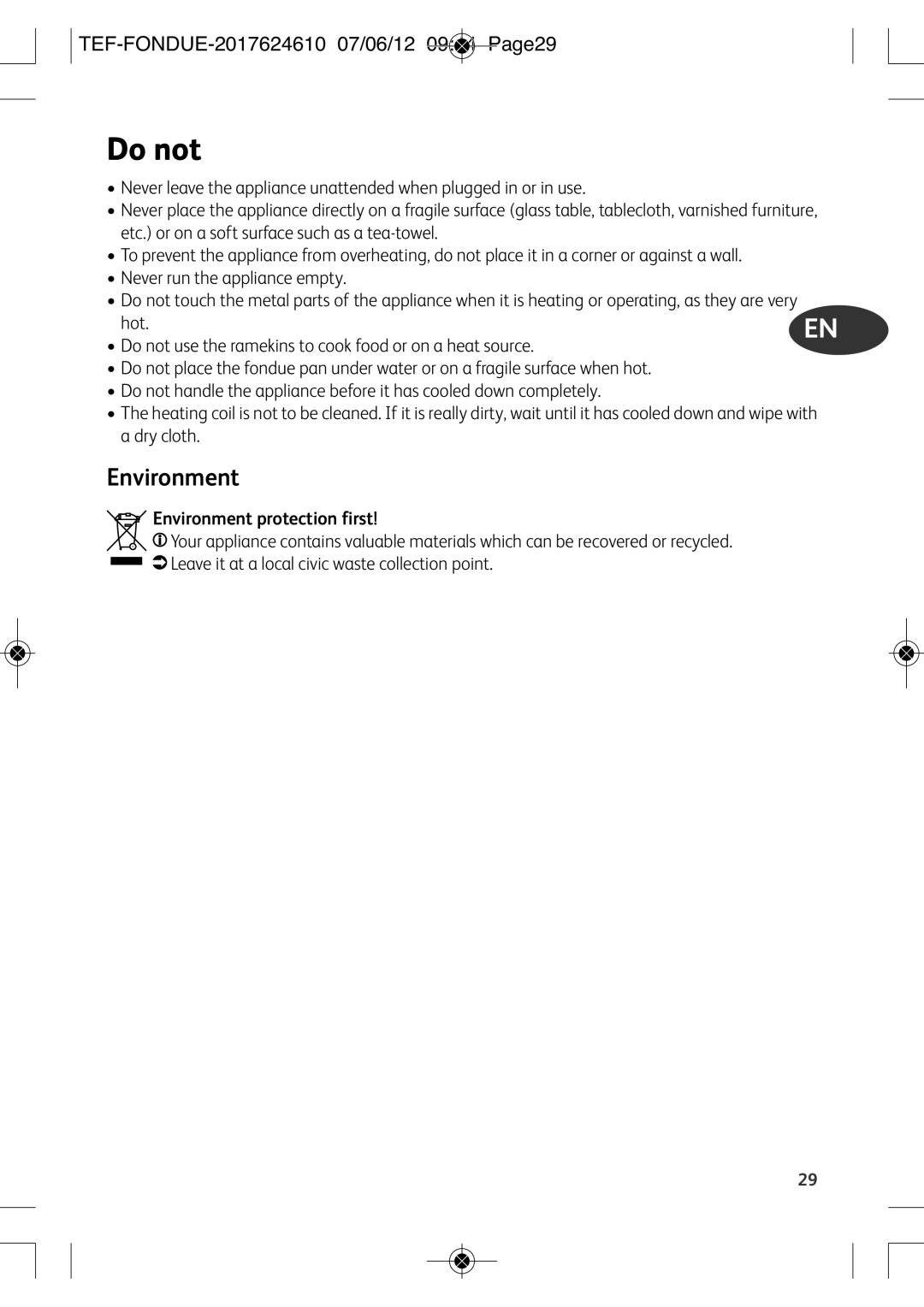 Tefal EF352116 manual Do not, TEF-FONDUE-2017624610 07/06/12 0944 PAGE29, Environment protection first 