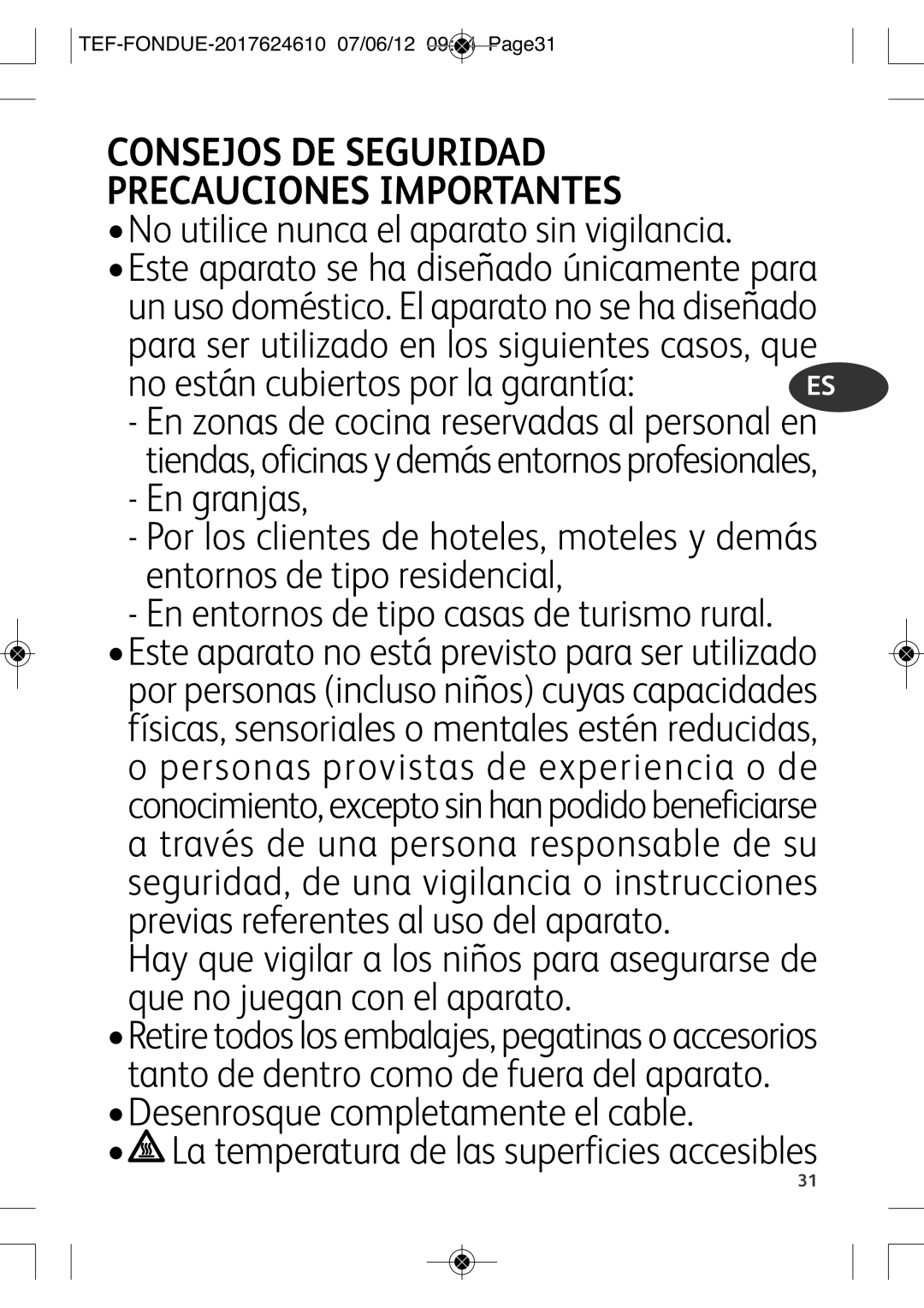 Tefal EF352116 manual No están cubiertos por la garantía, TEF-FONDUE-2017624610 07/06/12 0944 PAGE31 