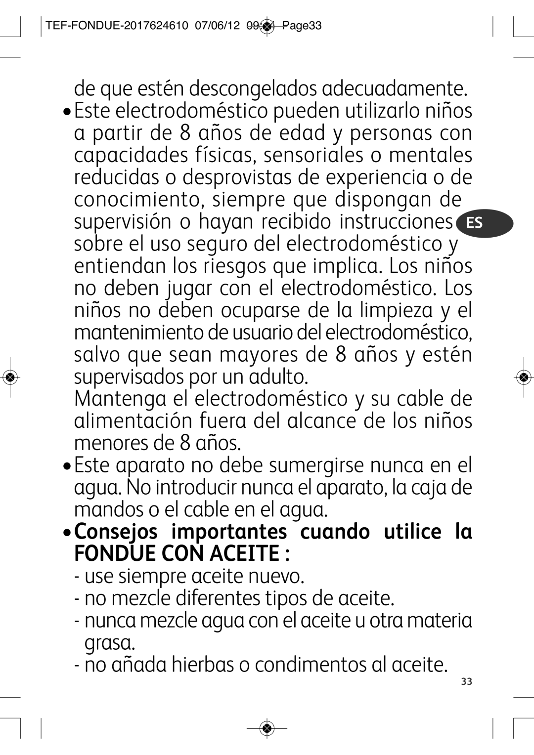 Tefal EF352116 manual Fondue CON Aceite, TEF-FONDUE-2017624610 07/06/12 0944 PAGE33 