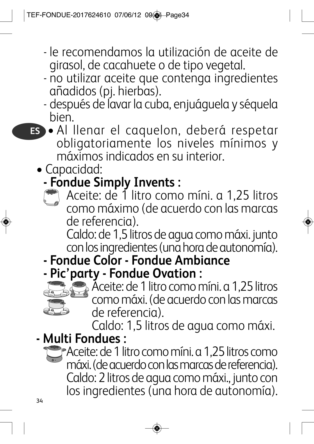 Tefal EF352116 manual TEF-FONDUE-2017624610 07/06/12 0944 PAGE34 