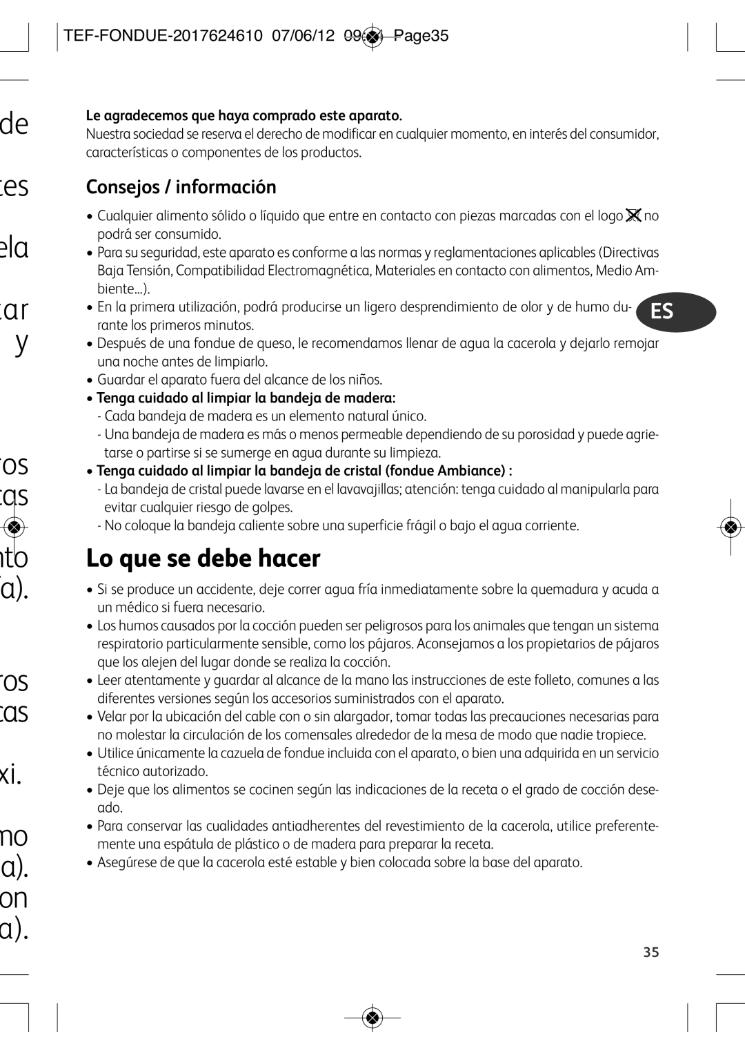 Tefal EF352116 manual Ar y, Lo que se debe hacer, Consejos / información, TEF-FONDUE-2017624610 07/06/12 0944 PAGE35 