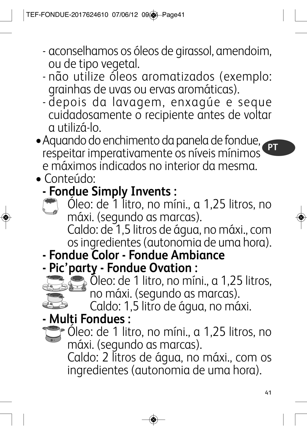 Tefal EF352116 manual Conteúdo, TEF-FONDUE-2017624610 07/06/12 0944 PAGE41 