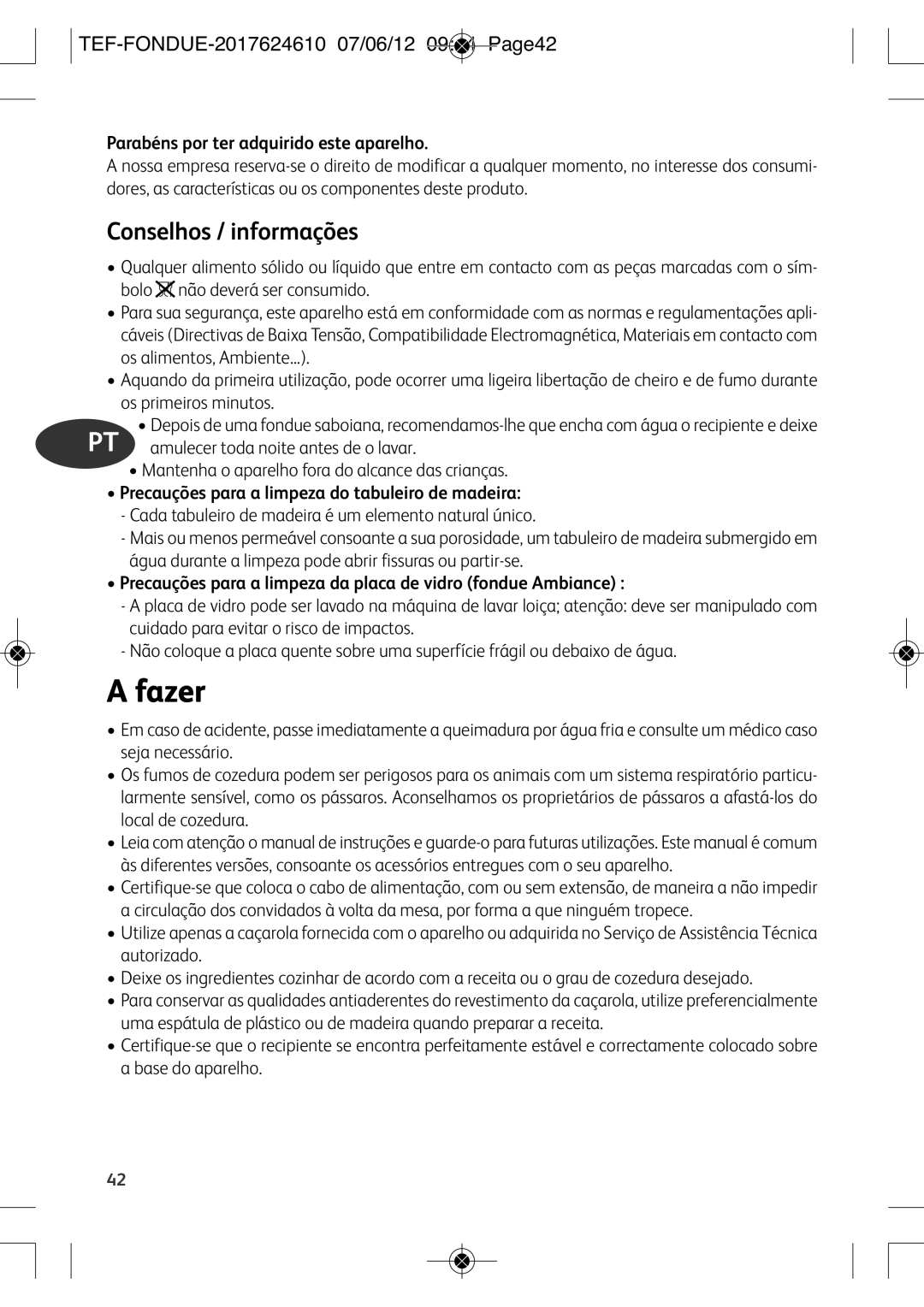 Tefal EF352116 manual Fazer, Conselhos / informações, TEF-FONDUE-2017624610 07/06/12 0944 PAGE42 