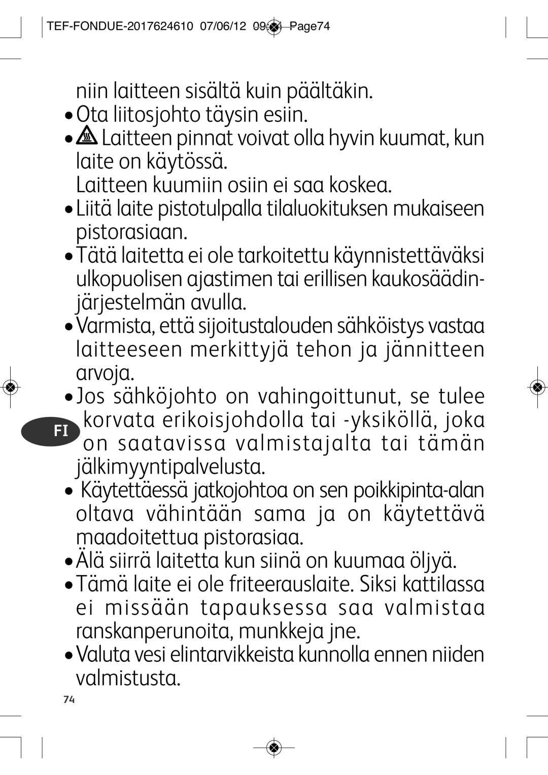 Tefal EF352116 manual Jälkimyyntipalvelusta, TEF-FONDUE-2017624610 07/06/12 0944 PAGE74 