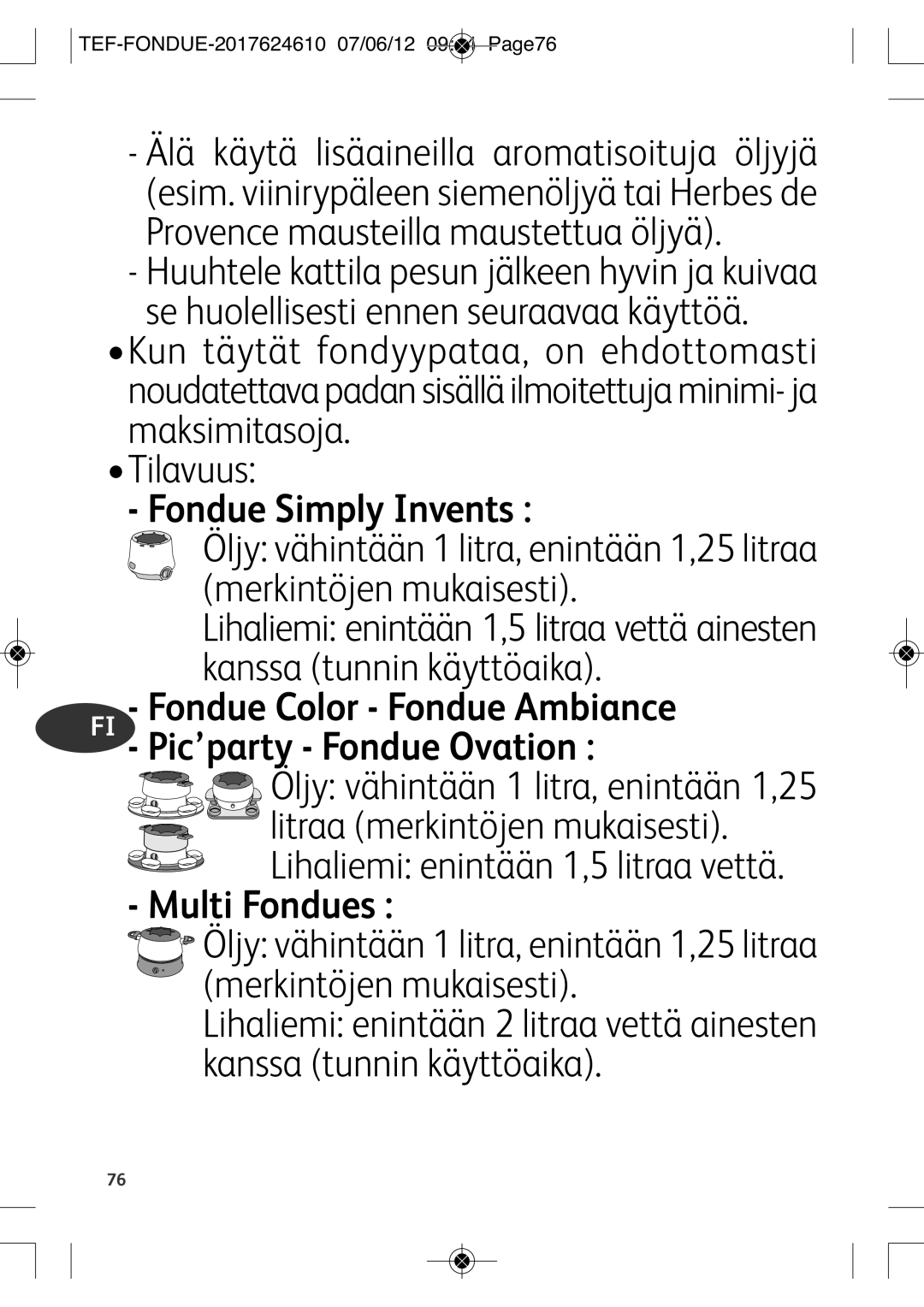 Tefal EF352116 manual Tilavuus, TEF-FONDUE-2017624610 07/06/12 0944 PAGE76 