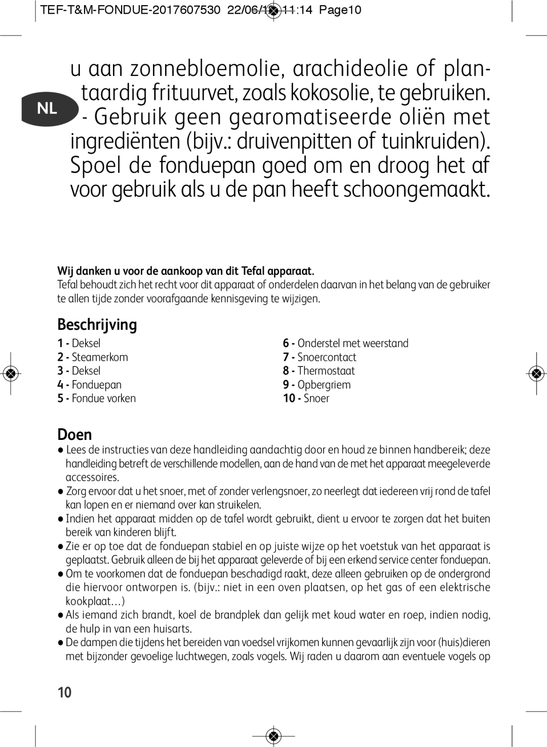 Tefal EF501601 manual Beschrijving, Doen, Wij danken u voor de aankoop van dit Tefal apparaat, Snoer 