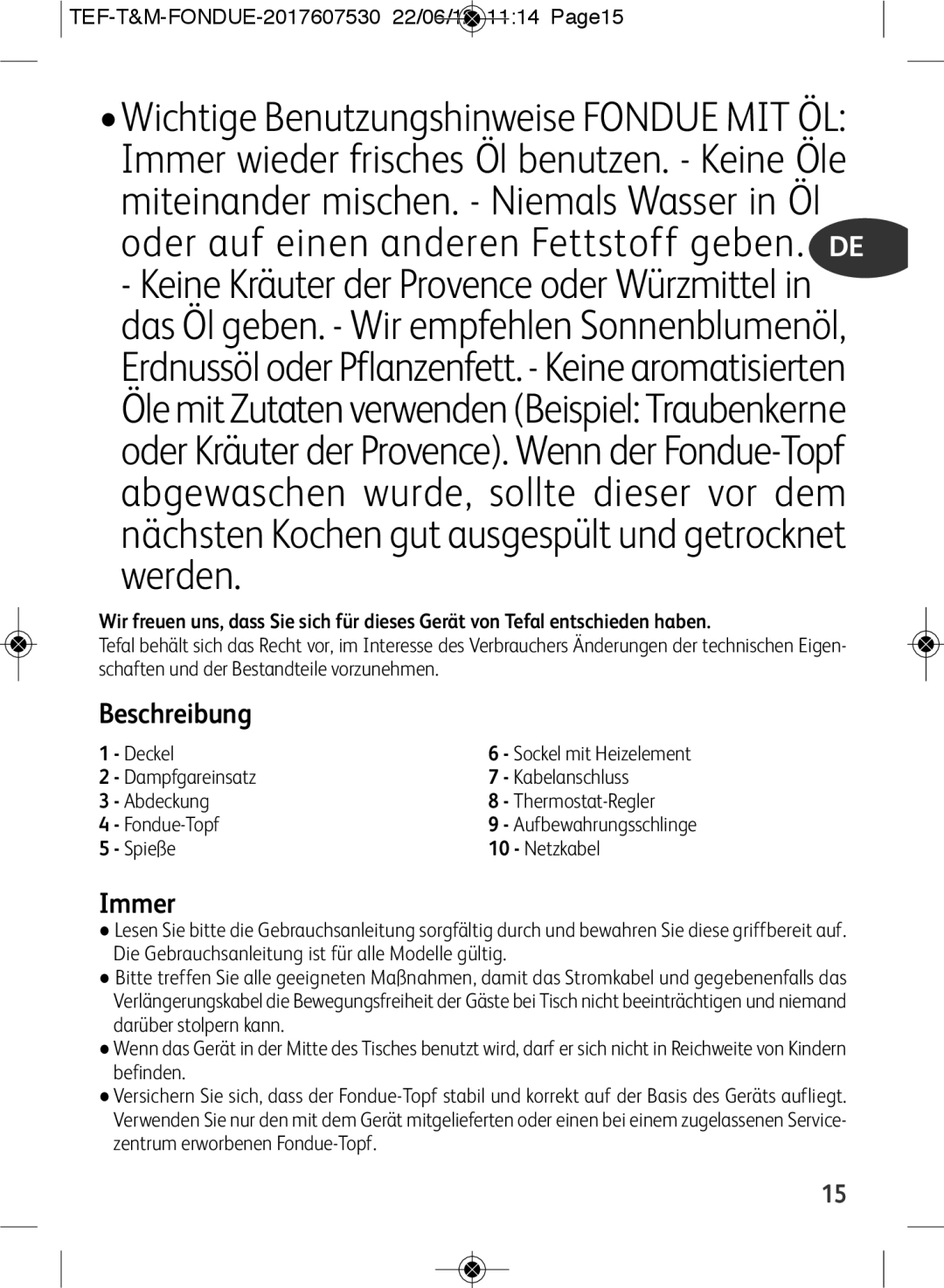 Tefal EF501601 manual Beschreibung, Immer 