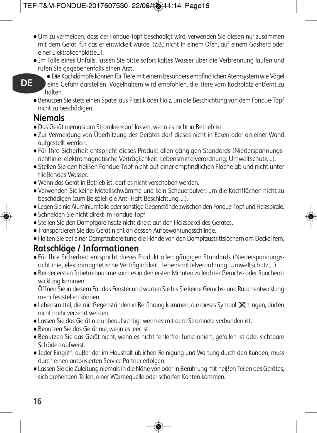 Tefal EF501601 manual Niemals, Ratschläge / Informationen 