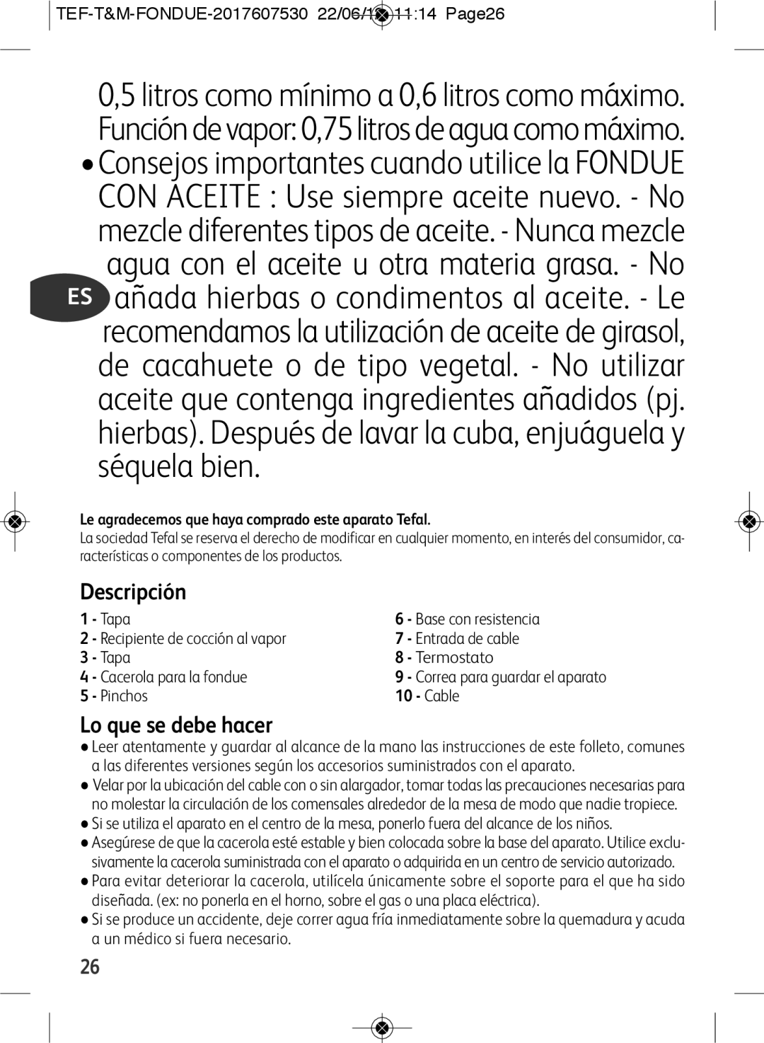 Tefal EF501601 manual Séquela bien, Descripción, Lo que se debe hacer, Cable 