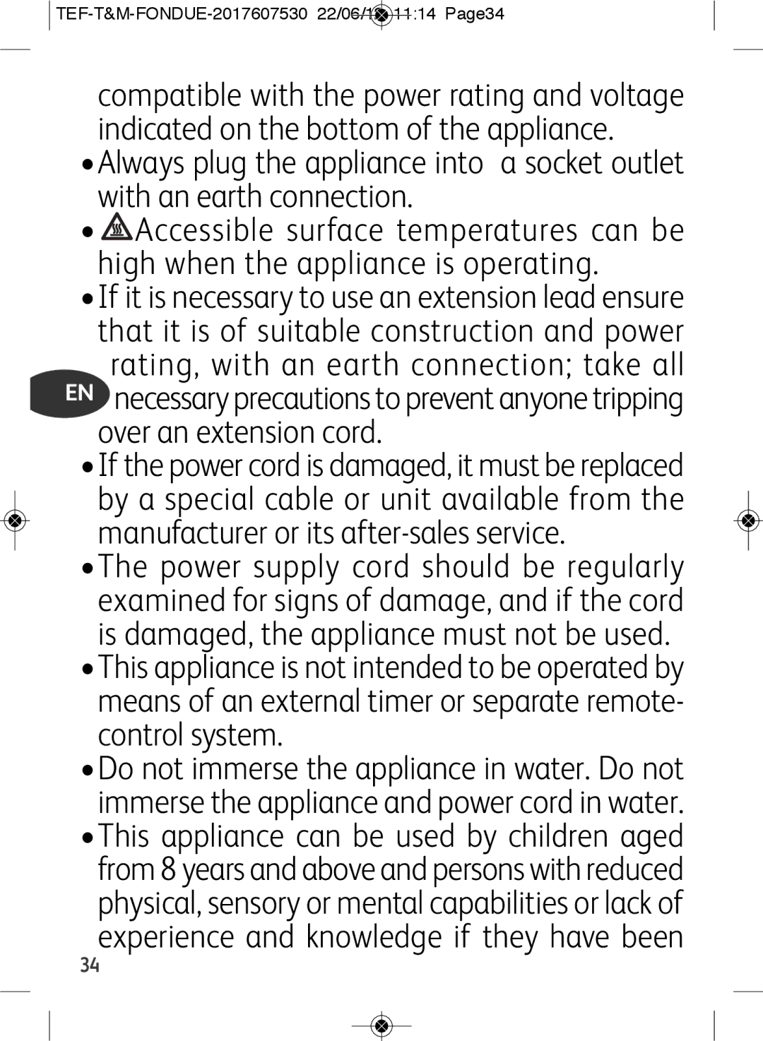 Tefal EF501601 manual Over an extension cord 