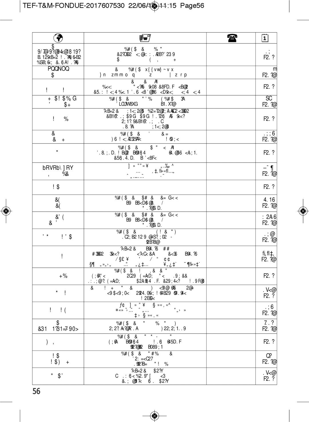 Tefal EF501601 manual TEF-T&M-FONDUE-2017607530 22/06/12 1115 Page56 