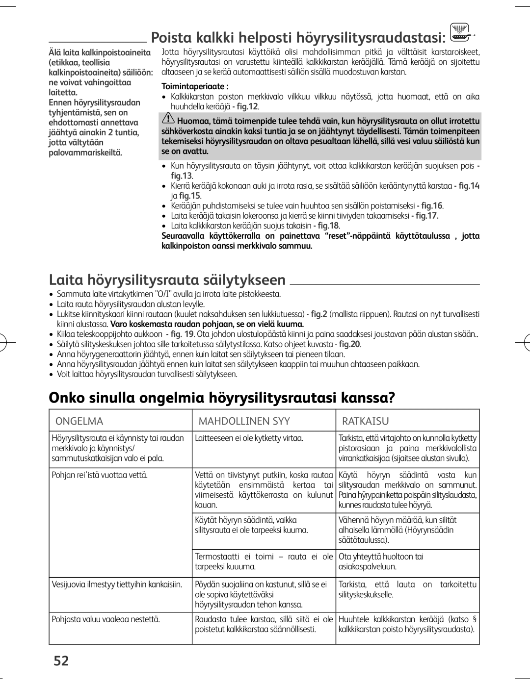 Tefal EXPRESS ANTI-CALC manual Poista kalkki helposti höyrysilitysraudastasi, Laita höyrysilitysrauta säilytykseen 