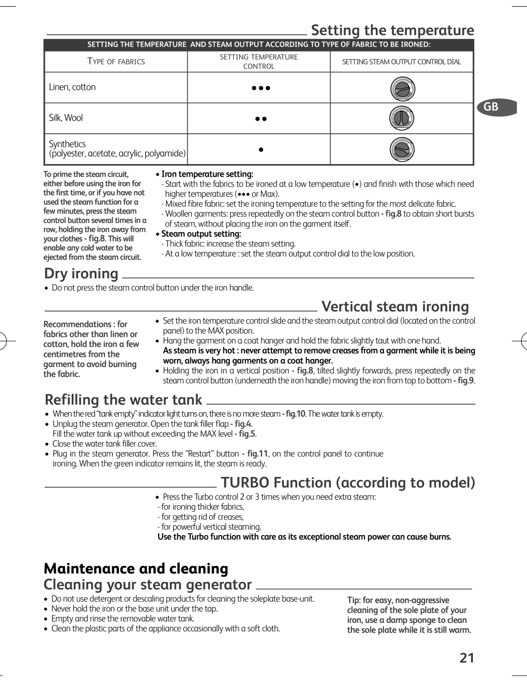 Tefal EXPRESS ANTI-CALC manual Setting the temperature, Dry ironing, Vertical steam ironing, Refilling the water tank 