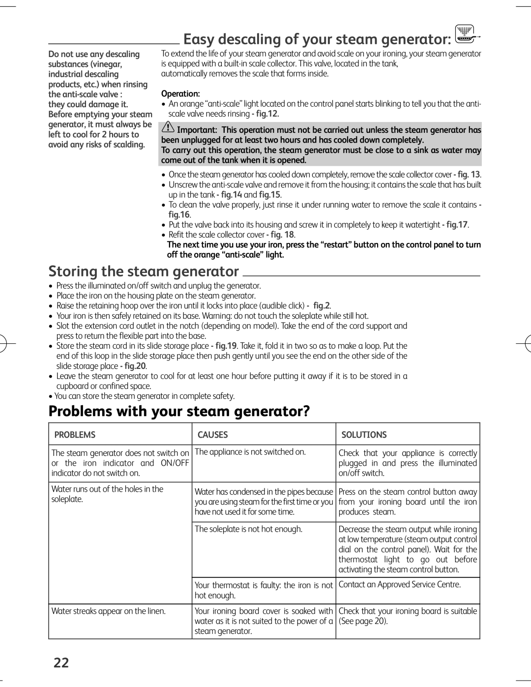 Tefal EXPRESS ANTI-CALC manual Easy descaling of your steam generator, Storing the steam generator, Operation 