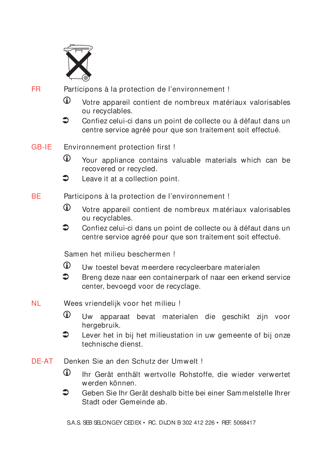 Tefal FA700172, FA700170, FA700173, FA700131, FA700151, FA700153 manual S. SEB Selongey Cedex RC. Dijon B 302 412 226 REF 