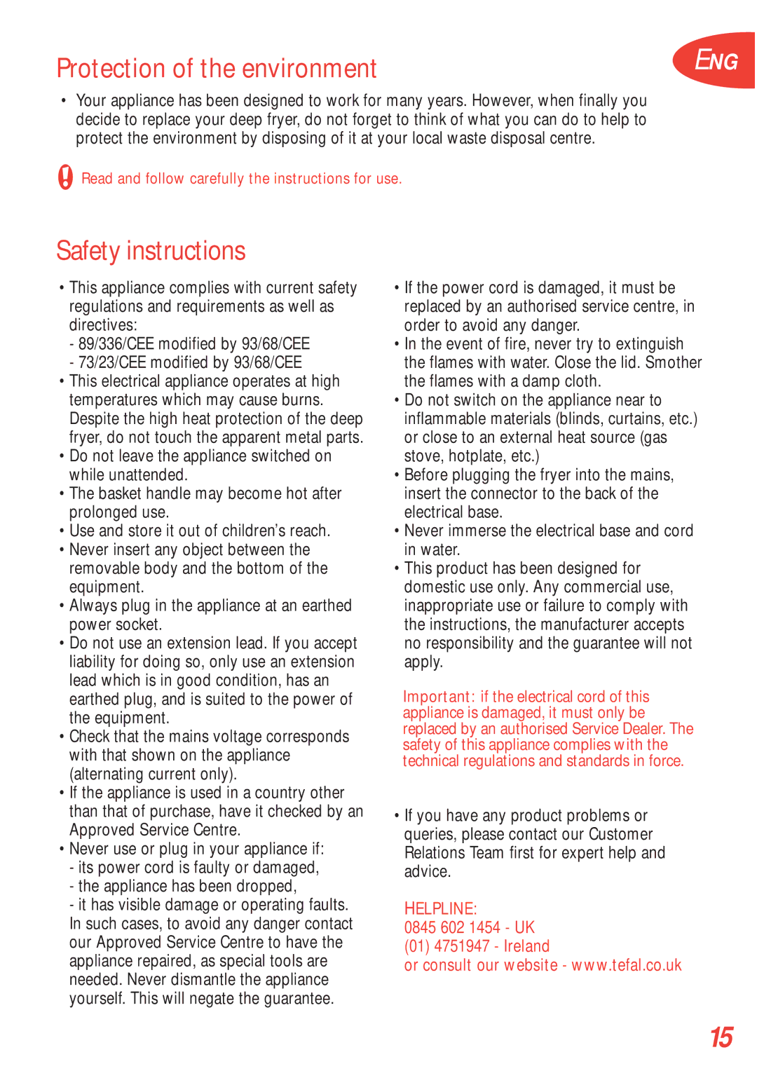 Tefal FA700173, FA700170, FA700172, FA700131, FA700151, FA700153, FA700152 Protection of the environment, Safety instructions 