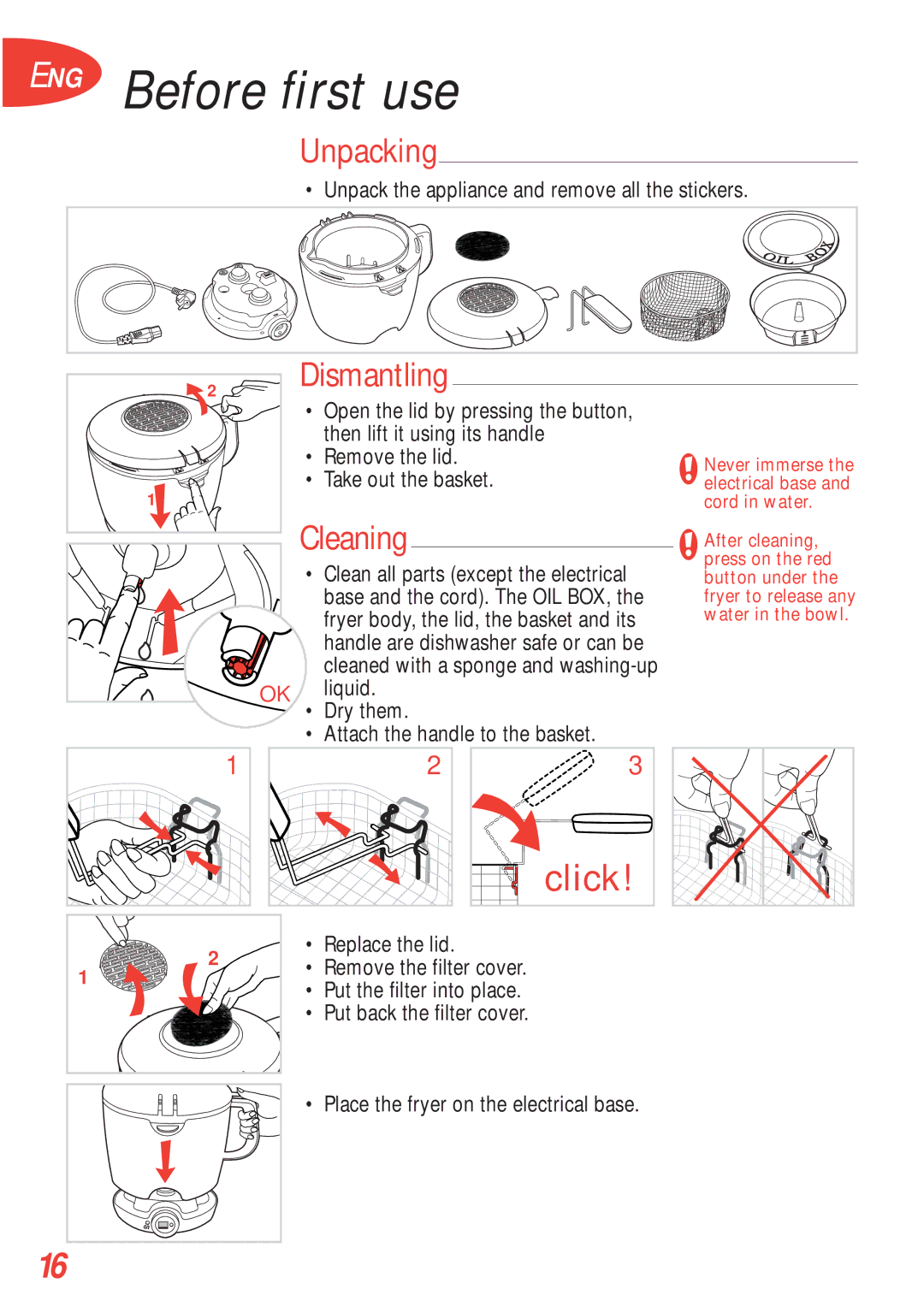 Tefal FA700131, FA700170, FA700172, FA700173, FA700151, FA700153 manual ENG Before first use, Unpacking, Dismantling, Cleaning 