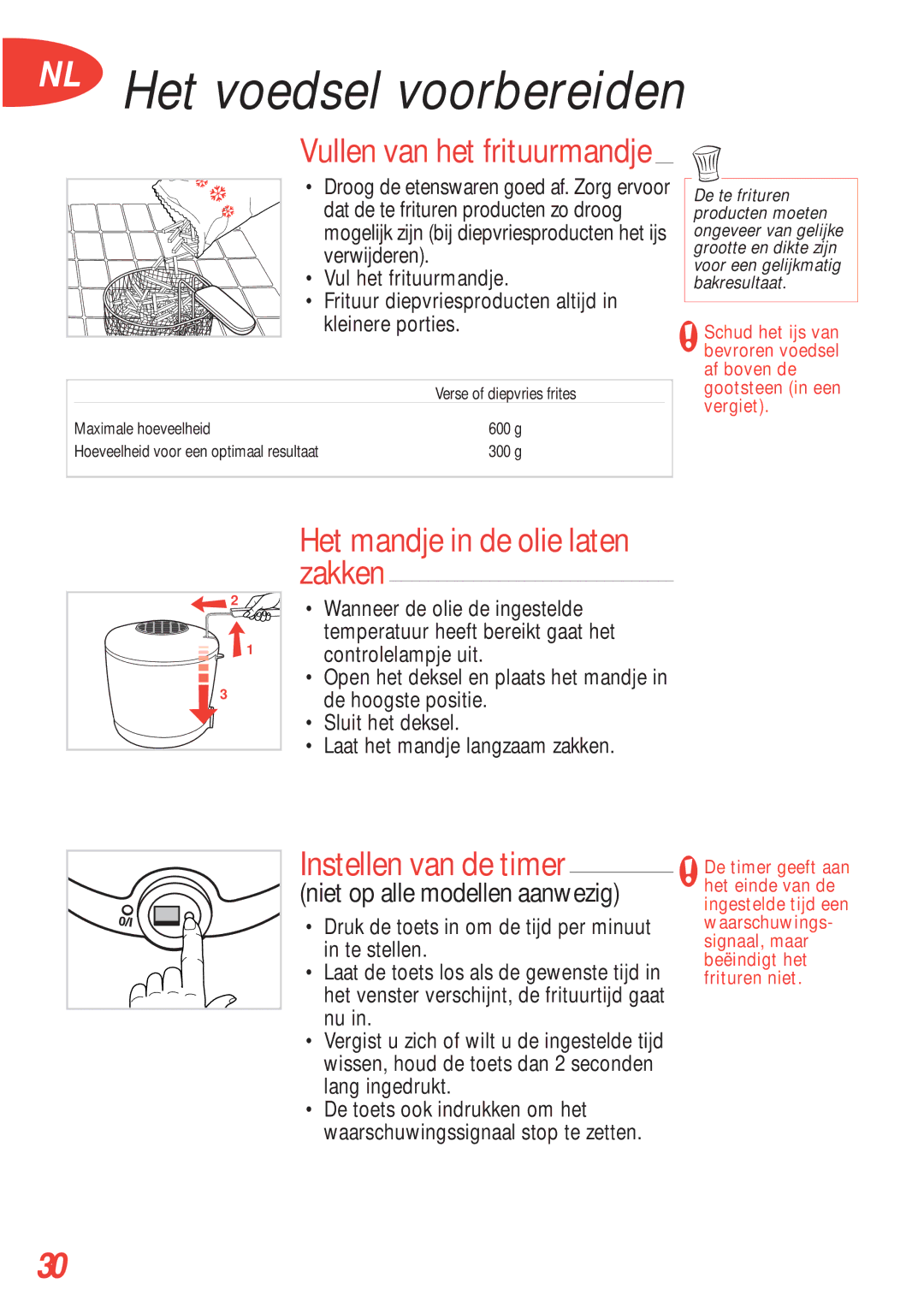 Tefal FA700172, FA700170, FA700173 NL Het voedsel voorbereiden, Het mandje in de olie laten zakken, Instellen van de timer 