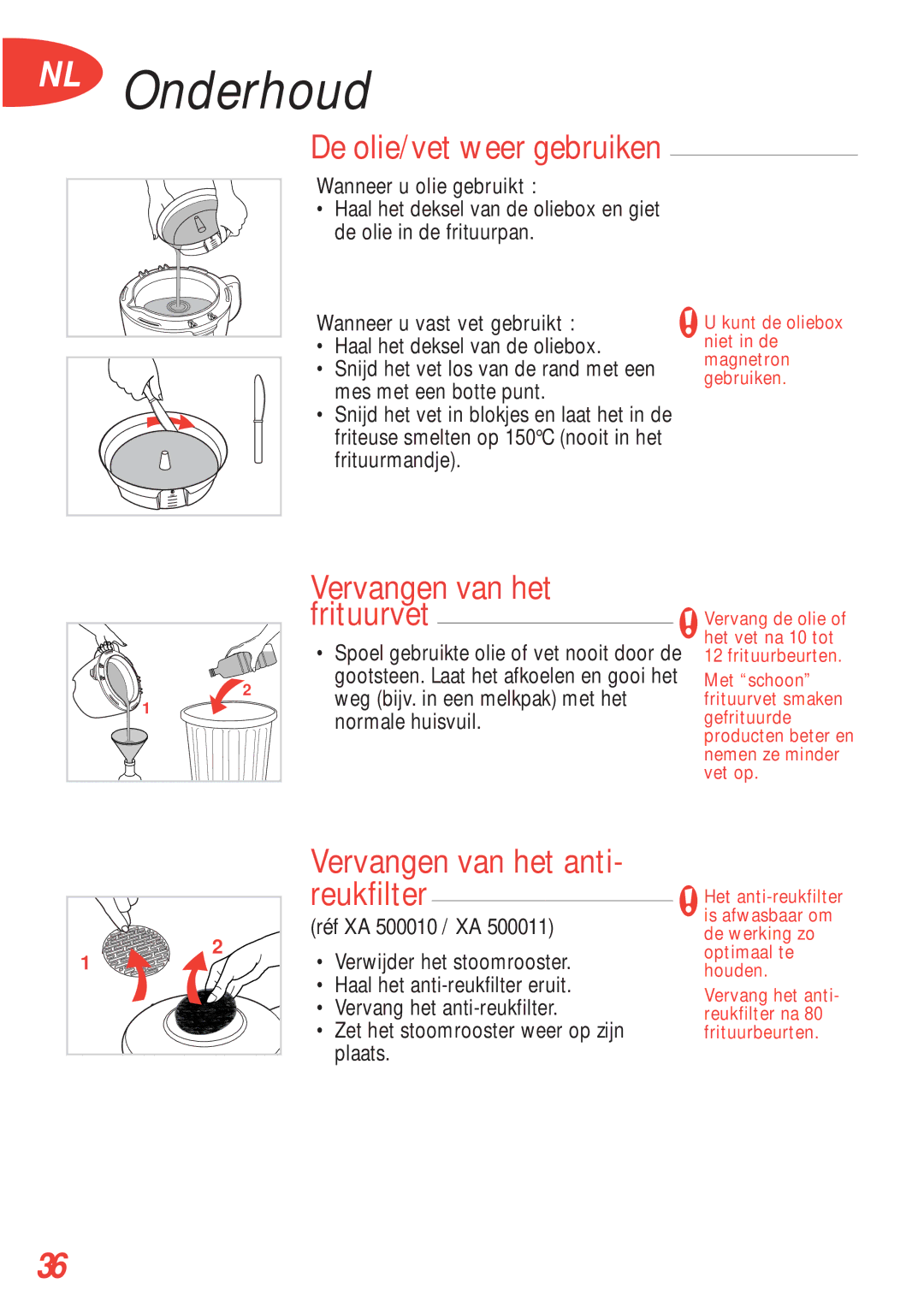 Tefal FA700174, FA700170 manual De olie/vet weer gebruiken, Vervangen van het frituurvet, Vervangen van het anti- reukfilter 