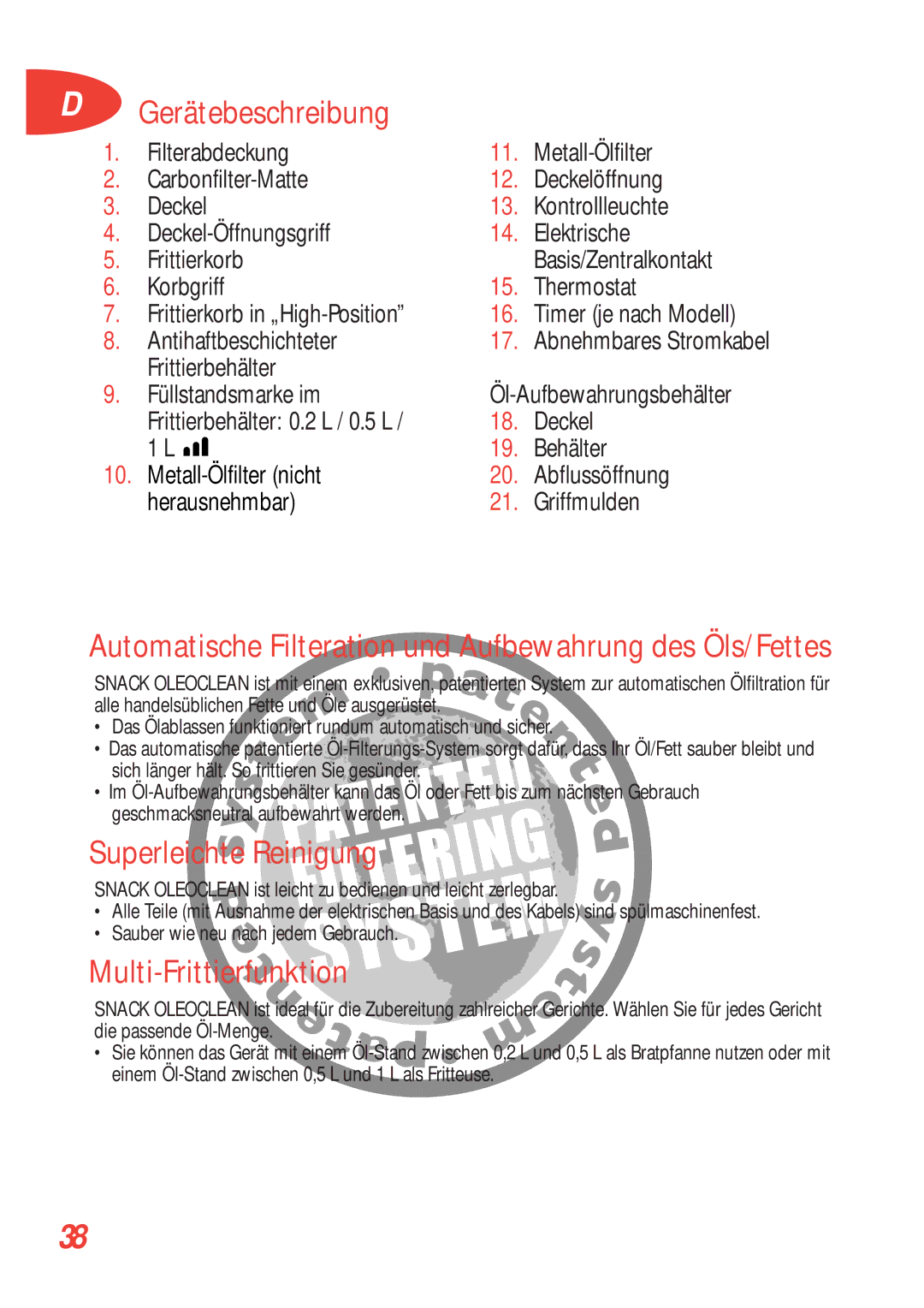 Tefal FA700172 manual Gerätebeschreibung, Superleichte Reinigung, Multi-Frittierfunktion, Frittierbehälter 0.2 L / 0.5 L 