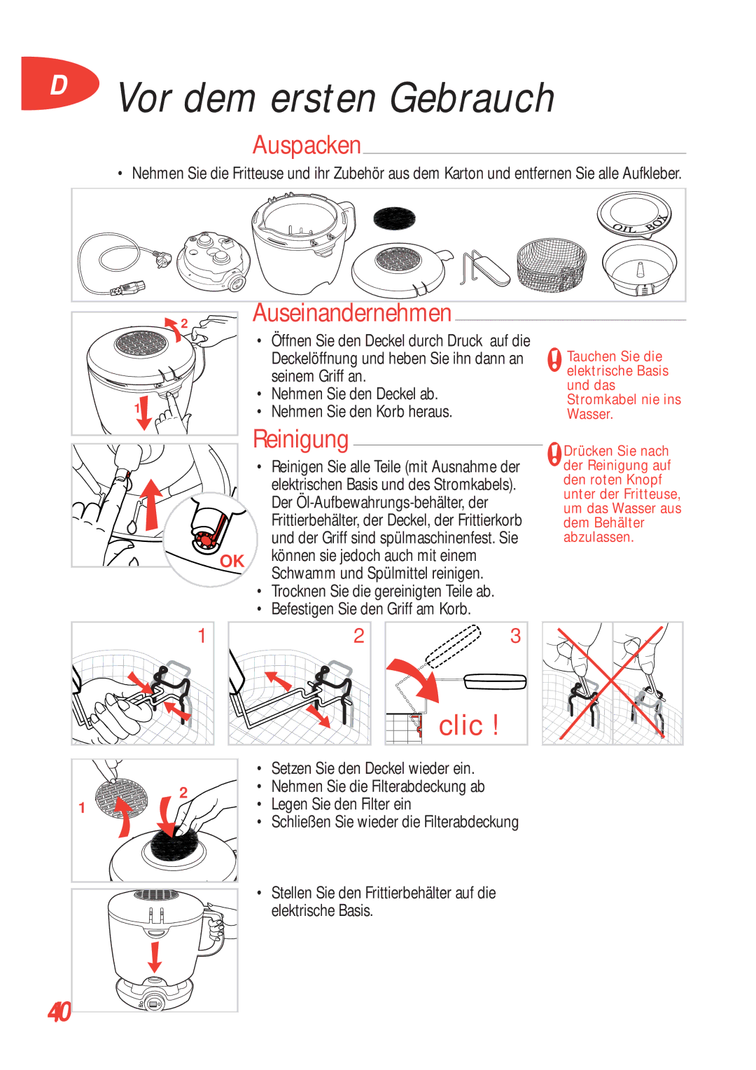 Tefal FA700131, FA700170, FA700172, FA700173, FA700151, FA700153, FA700152, FA700174 Auspacken, Auseinandernehmen, Reinigung 