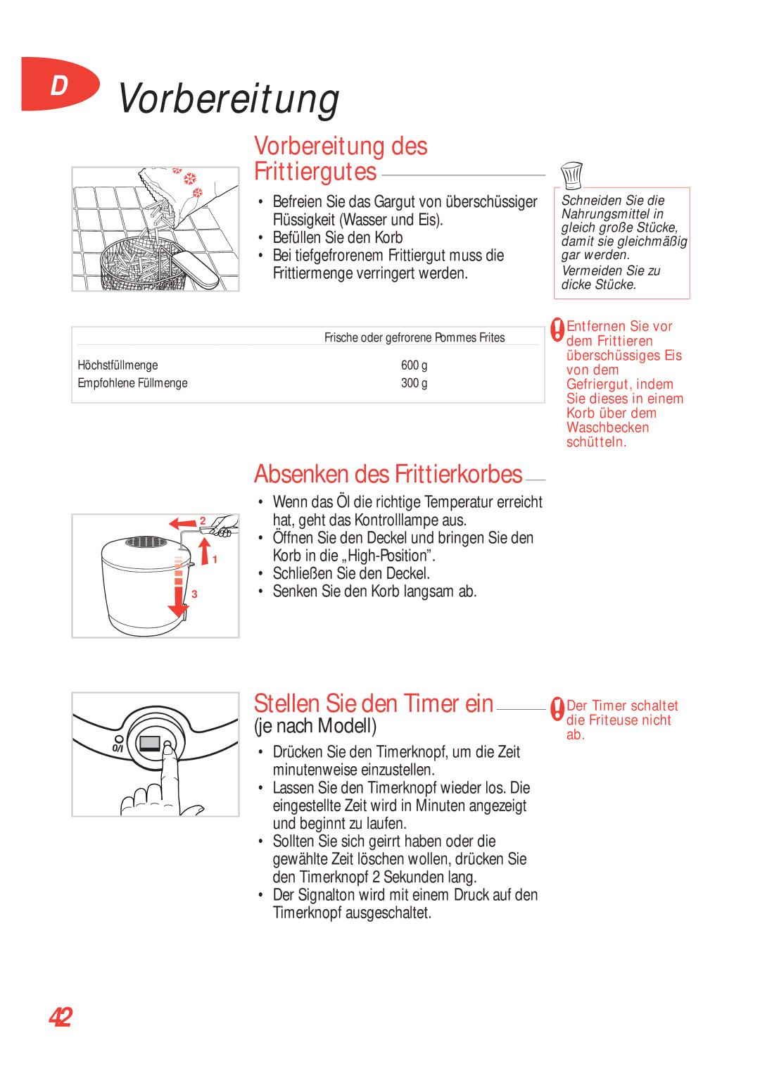 Tefal FA700153, FA700170, FA700172 Vorbereitung des Frittiergutes, Absenken des Frittierkorbes, Stellen Sie den Timer ein 