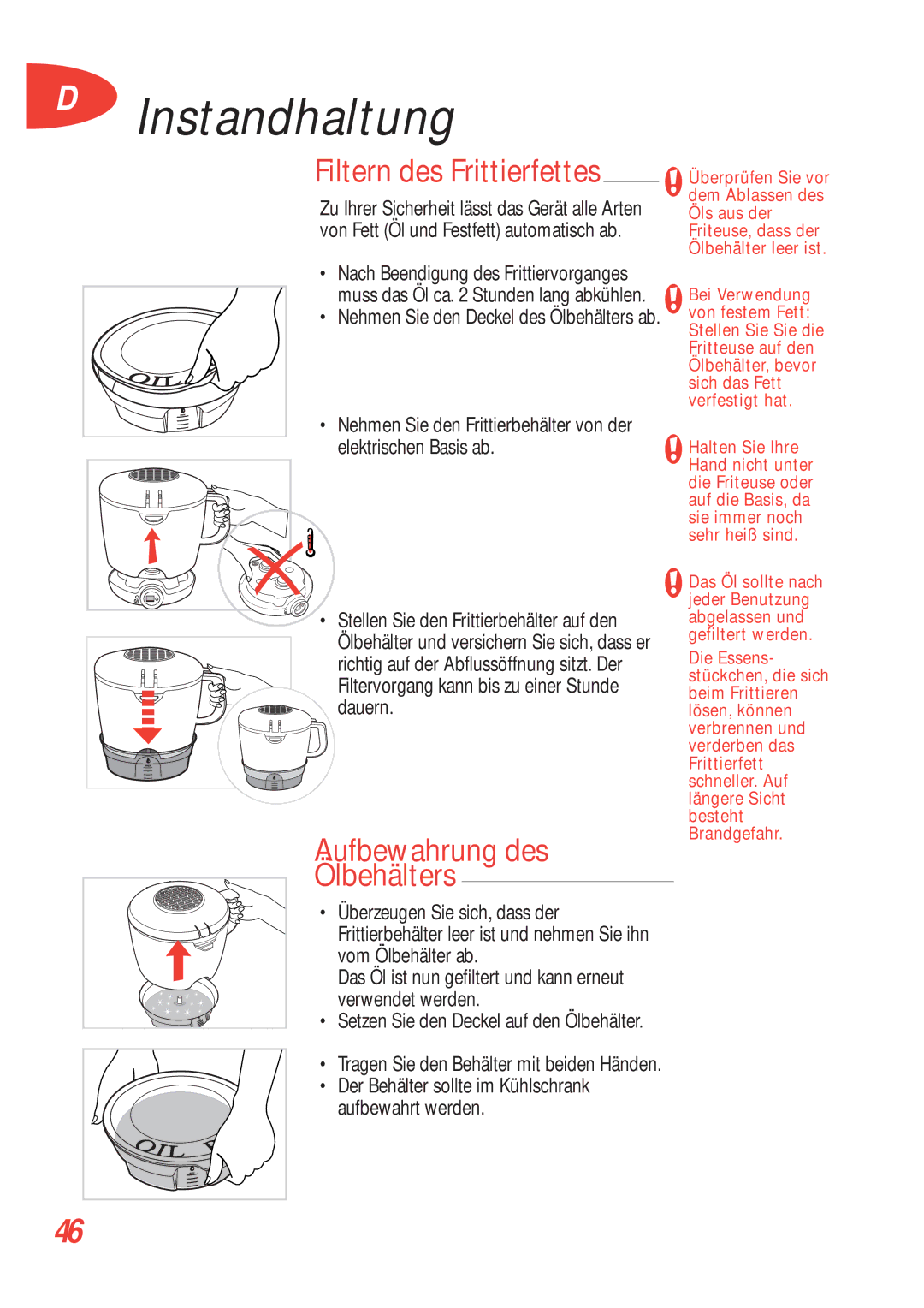 Tefal FA700172, FA700170, FA700173, FA700131, FA700151, FA700153 manual Filtern des Frittierfettes, Aufbewahrung des Ölbehälters 