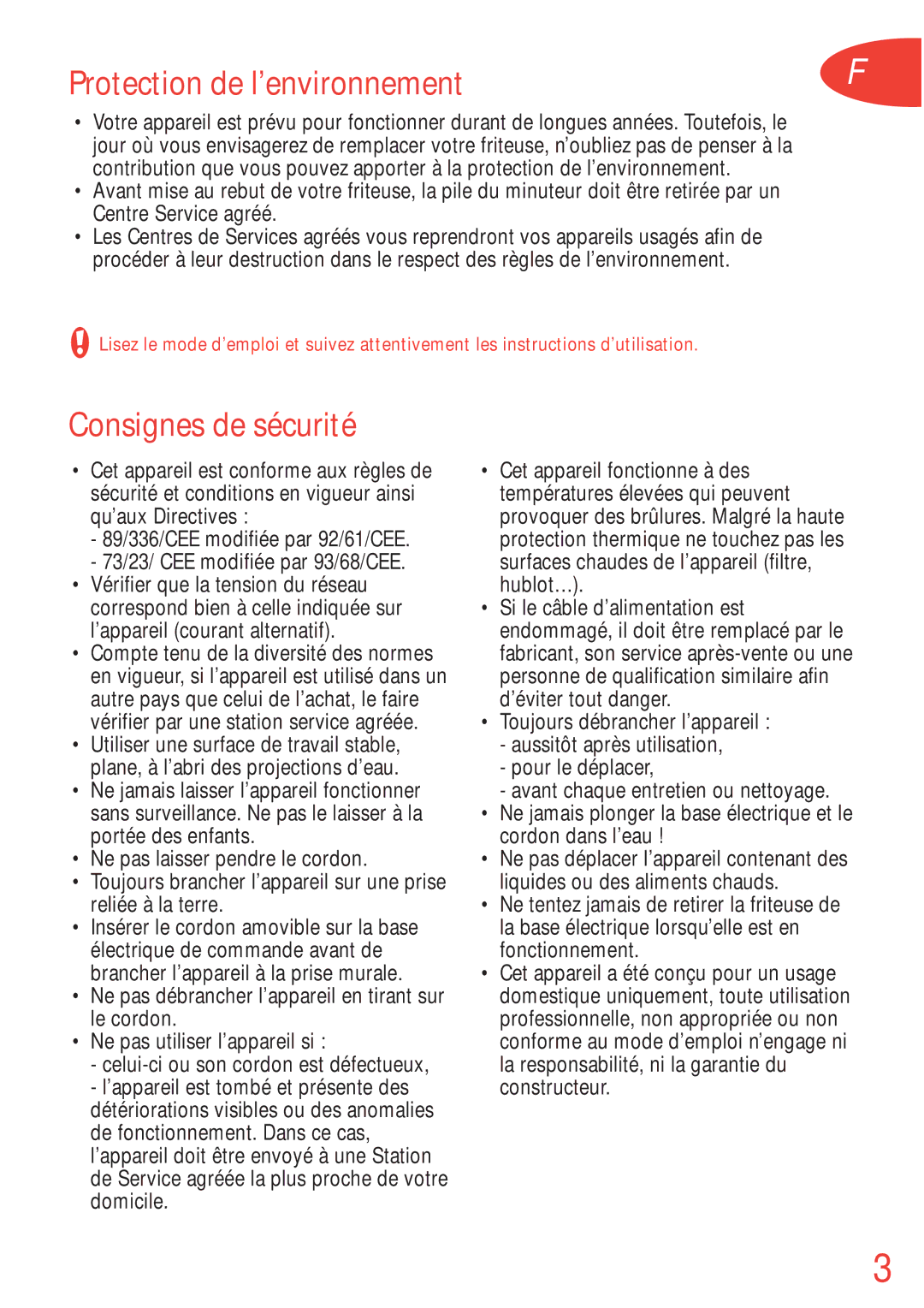 Tefal FA700152, FA700170, FA700172, FA700173, FA700131, FA700151, FA700153 Protection de l’environnement, Consignes de sécurité 