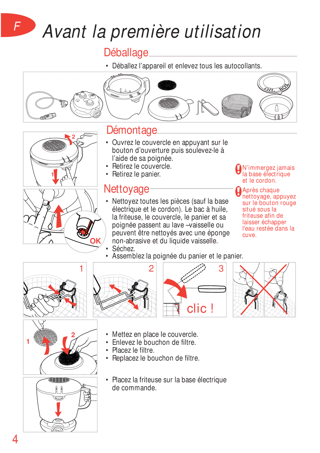 Tefal FA700174, FA700170, FA700172, FA700173, FA700131 manual Avant la première utilisation, Déballage, Démontage, Nettoyage 