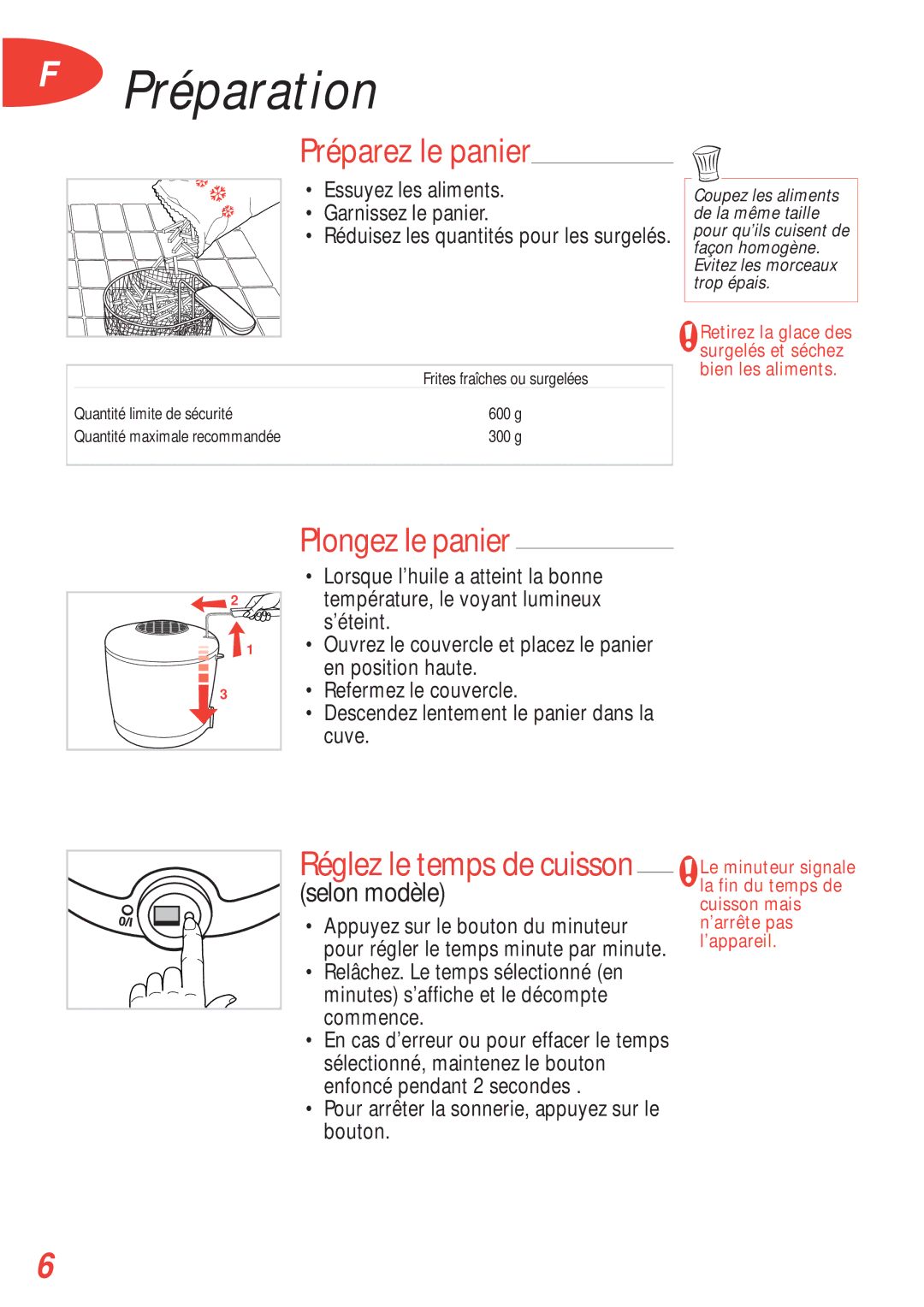 Tefal FA700172 Préparez le panier, Plongez le panier, Réglez le temps de cuisson, Essuyez les aliments Garnissez le panier 