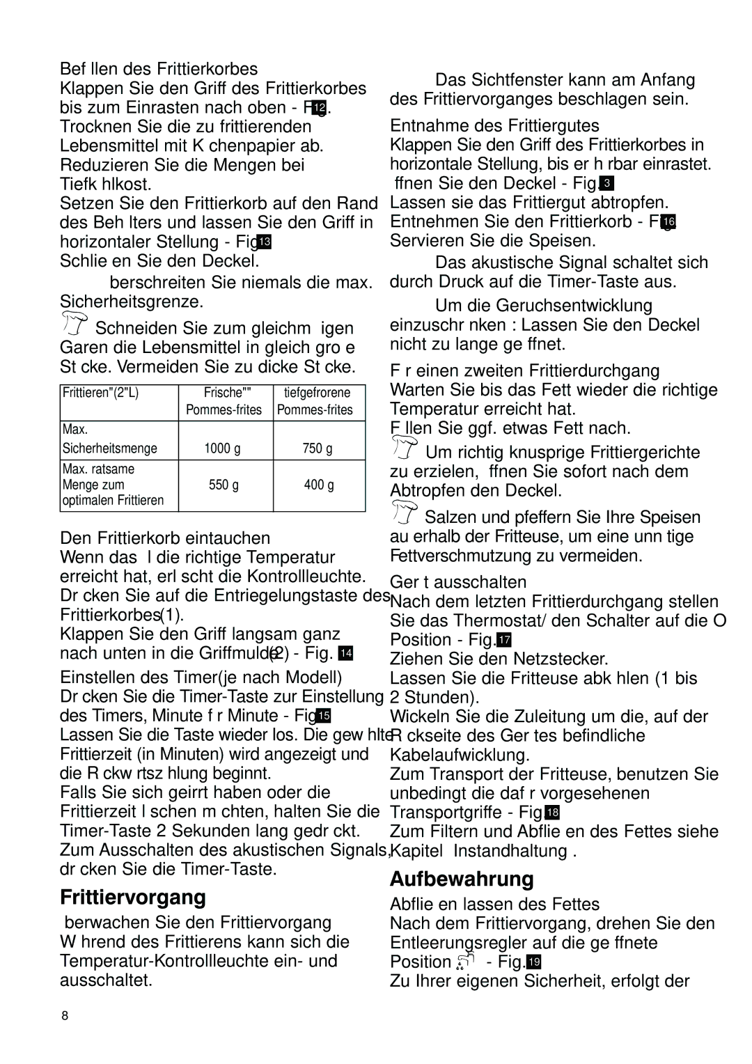 Tefal FA700415, FA700416, FA700470, FA700430 manual Frittiervorgang, Aufbewahrung 