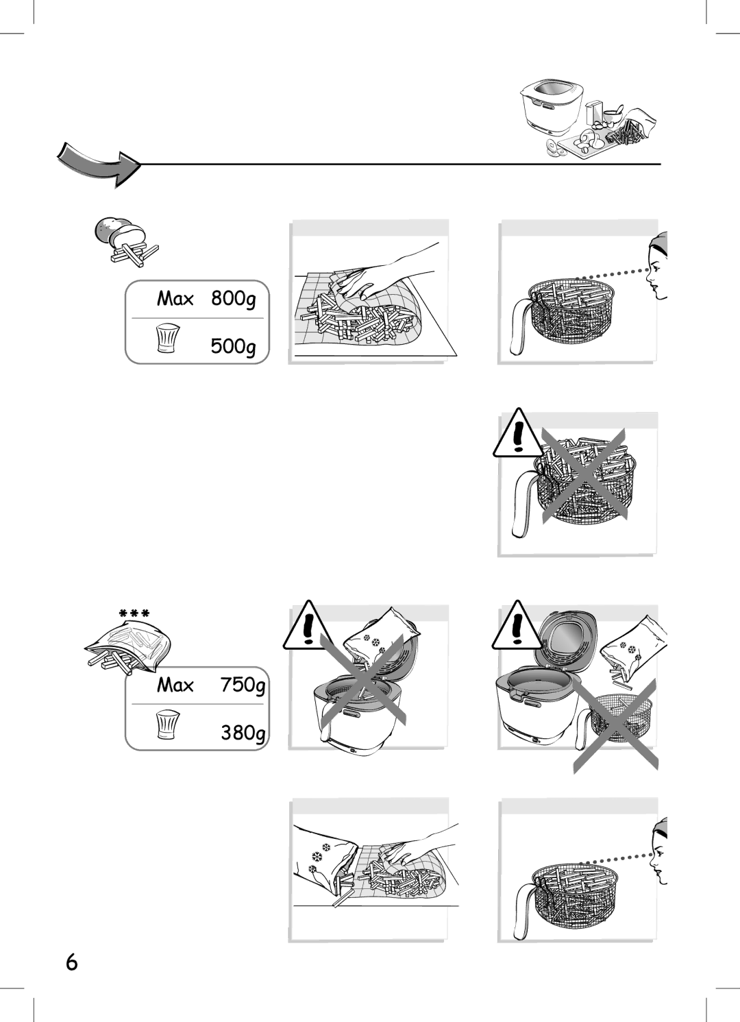 Tefal FF104251, FF104250, FF104230 manual Max 800g 500g Max 750g 380g 