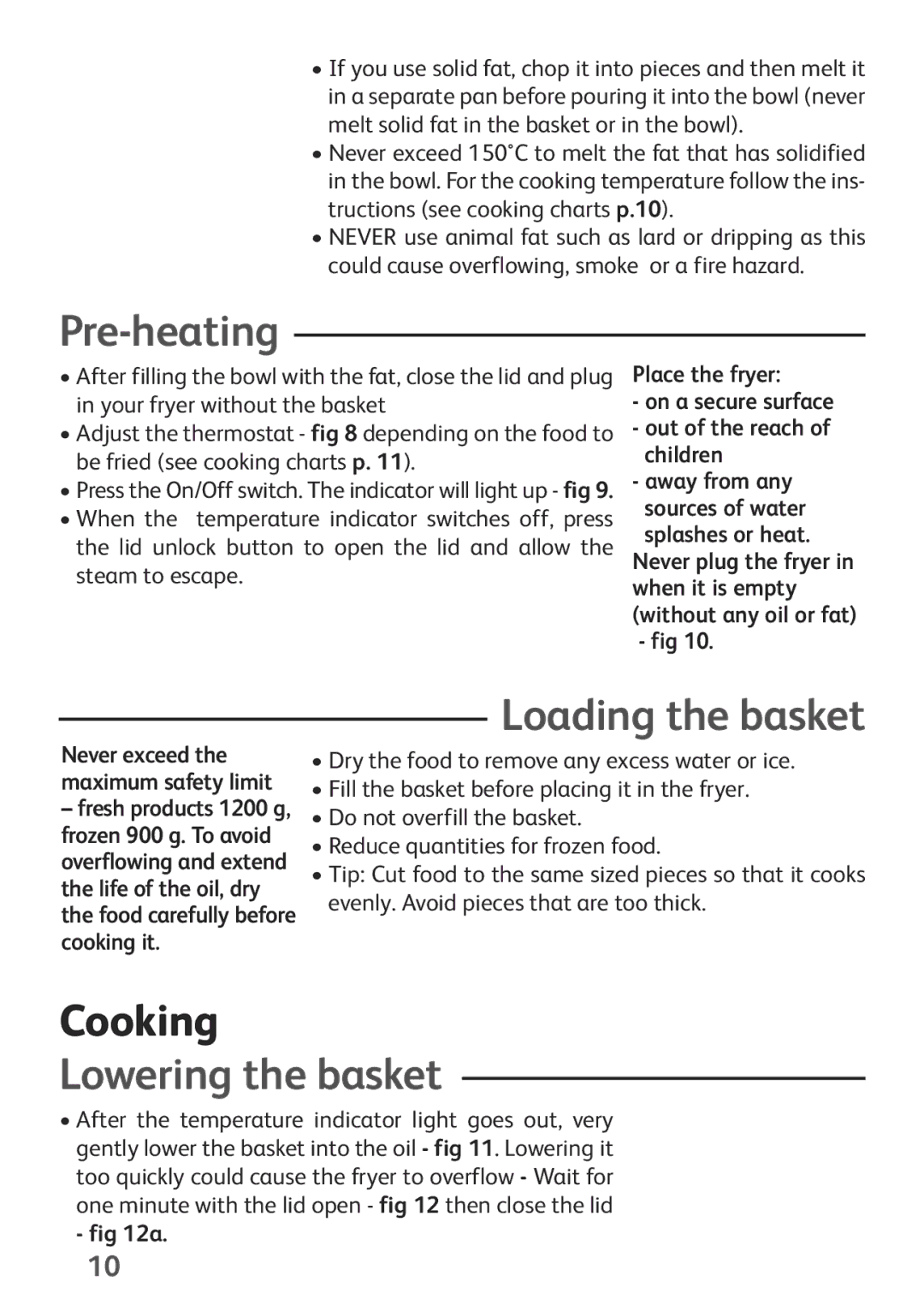 Tefal FF153140 manual Pre-heating, Loading the basket, Lowering the basket 