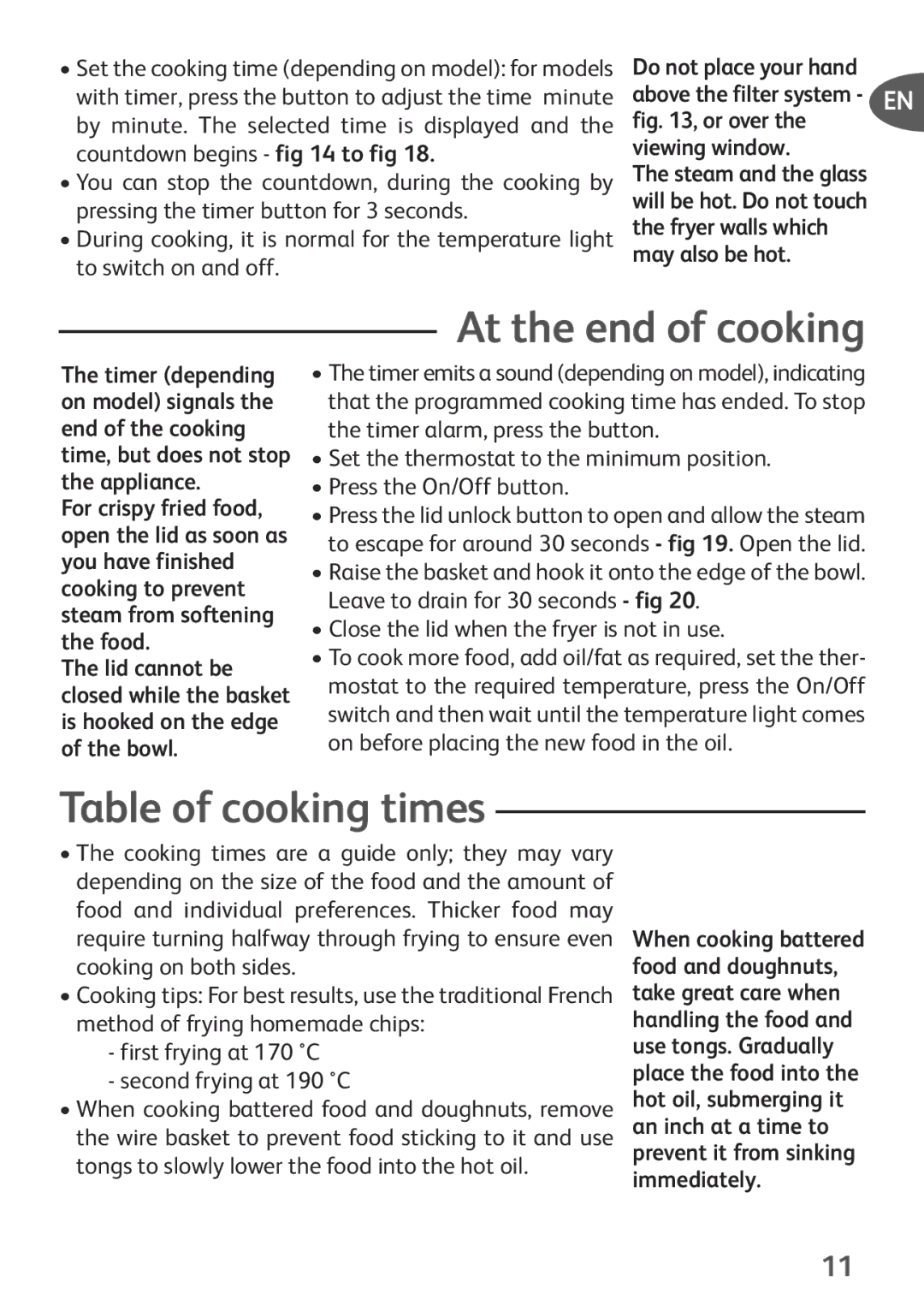 Tefal FF153140 manual At the end of cooking, Table of cooking times 