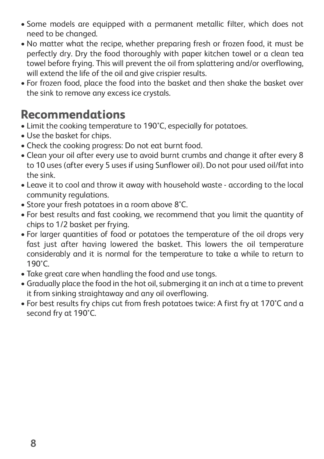 Tefal FF153140 manual Recommendations 