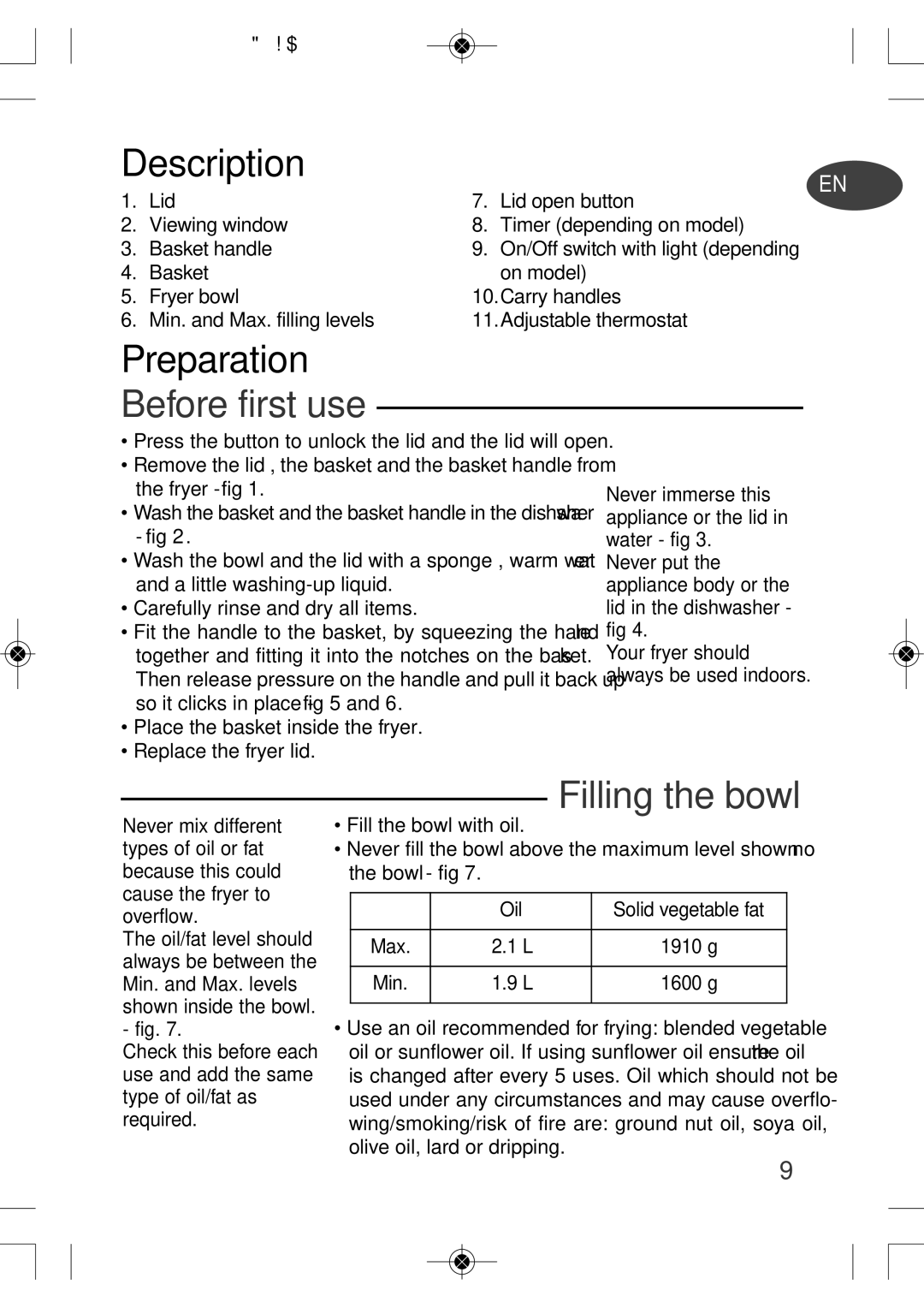 Tefal FF160815 manual Description, Preparation, Before first use, Filling the bowl 