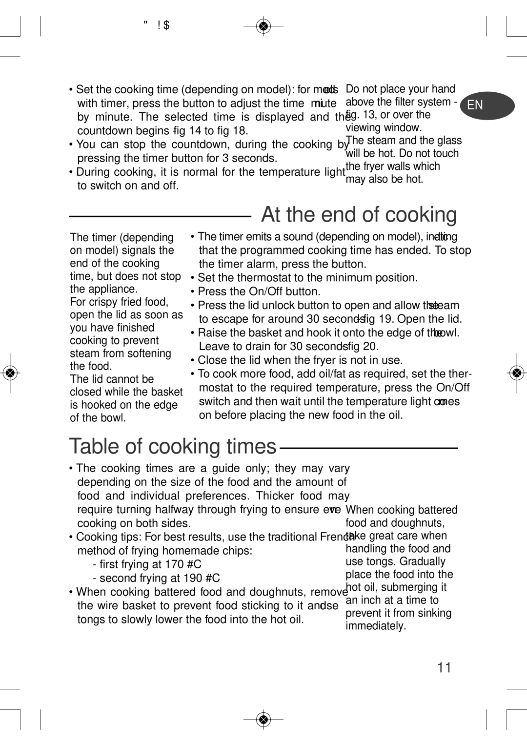 Tefal FF160815 manual At the end of cooking, Table of cooking times 