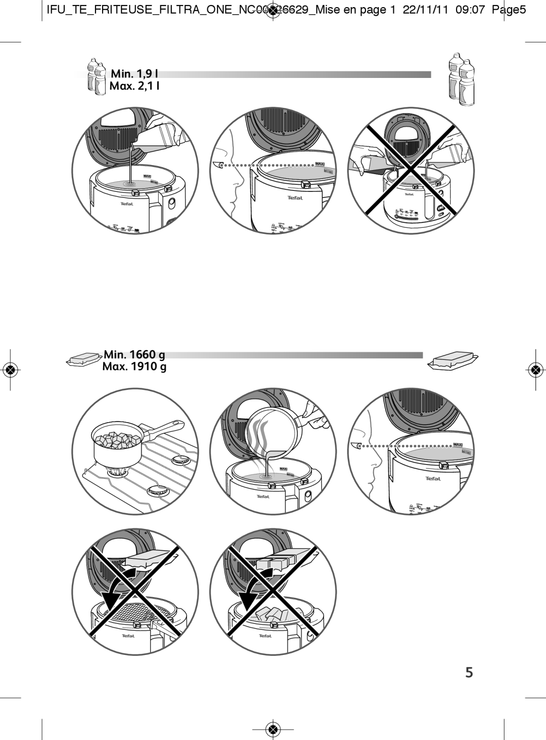 Tefal FF165151, FF165125, FF165127 manual Min ,9 l Max ,1 l Min g Max g 