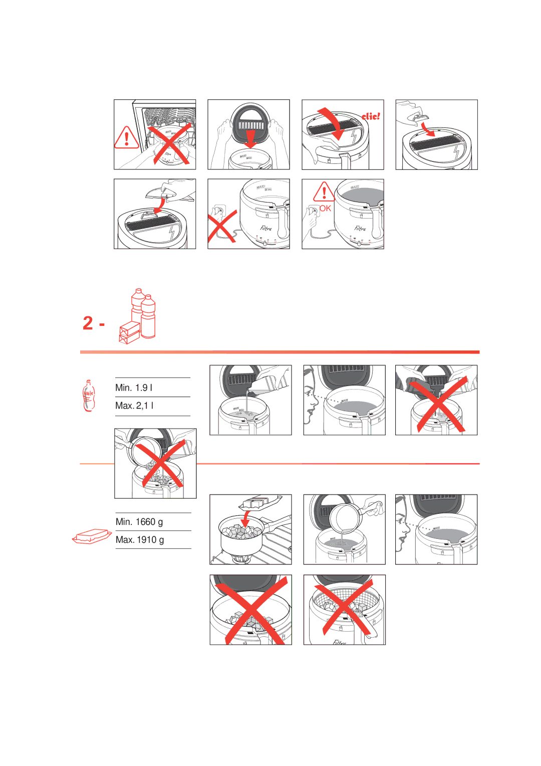 Tefal FF401470, FF401400 manual Min .9 l Max ,1 l 