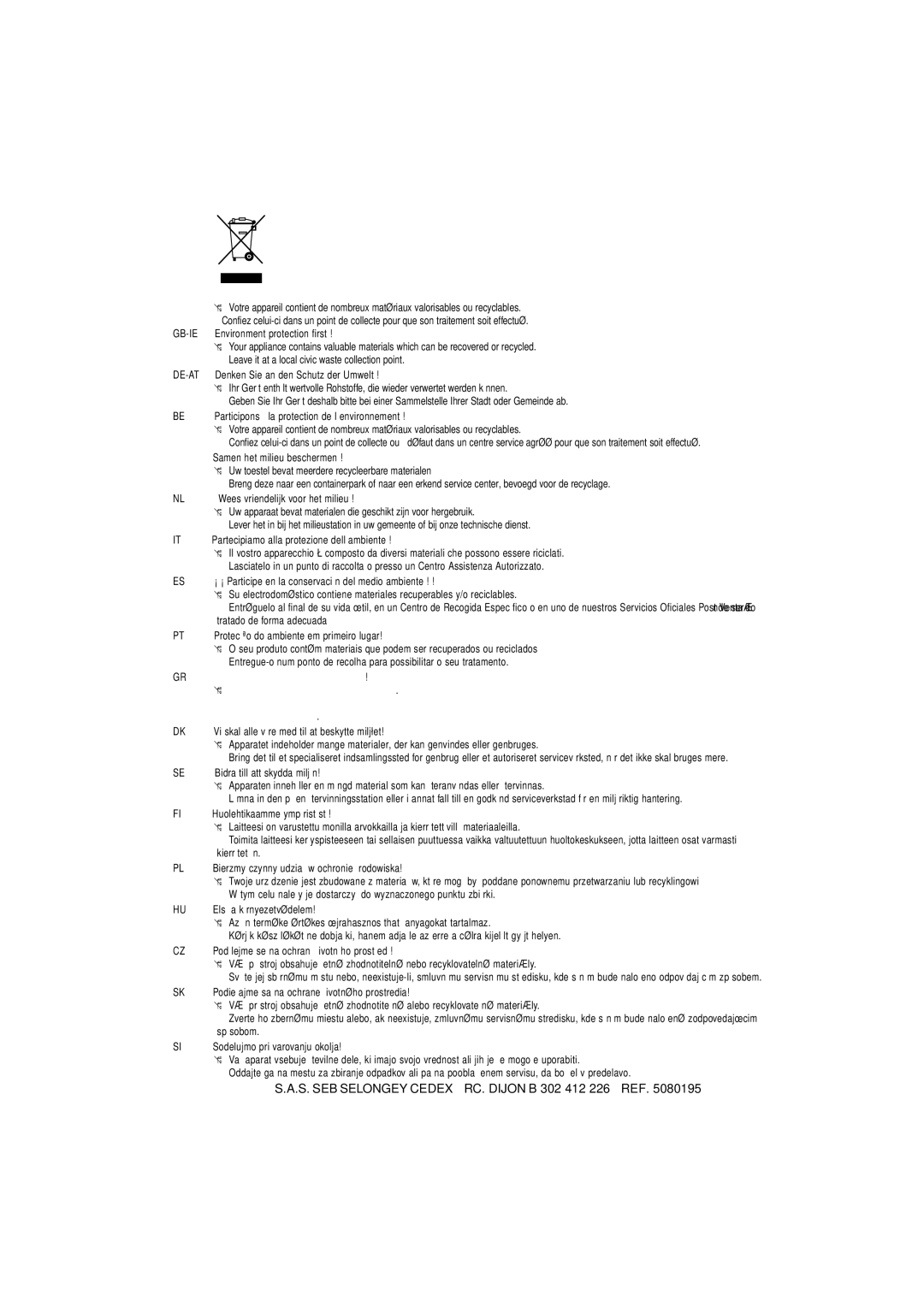 Tefal FF401470, FF401400 manual S. Sebselongeycedex RC. Dijonb 302 412 226 REF 