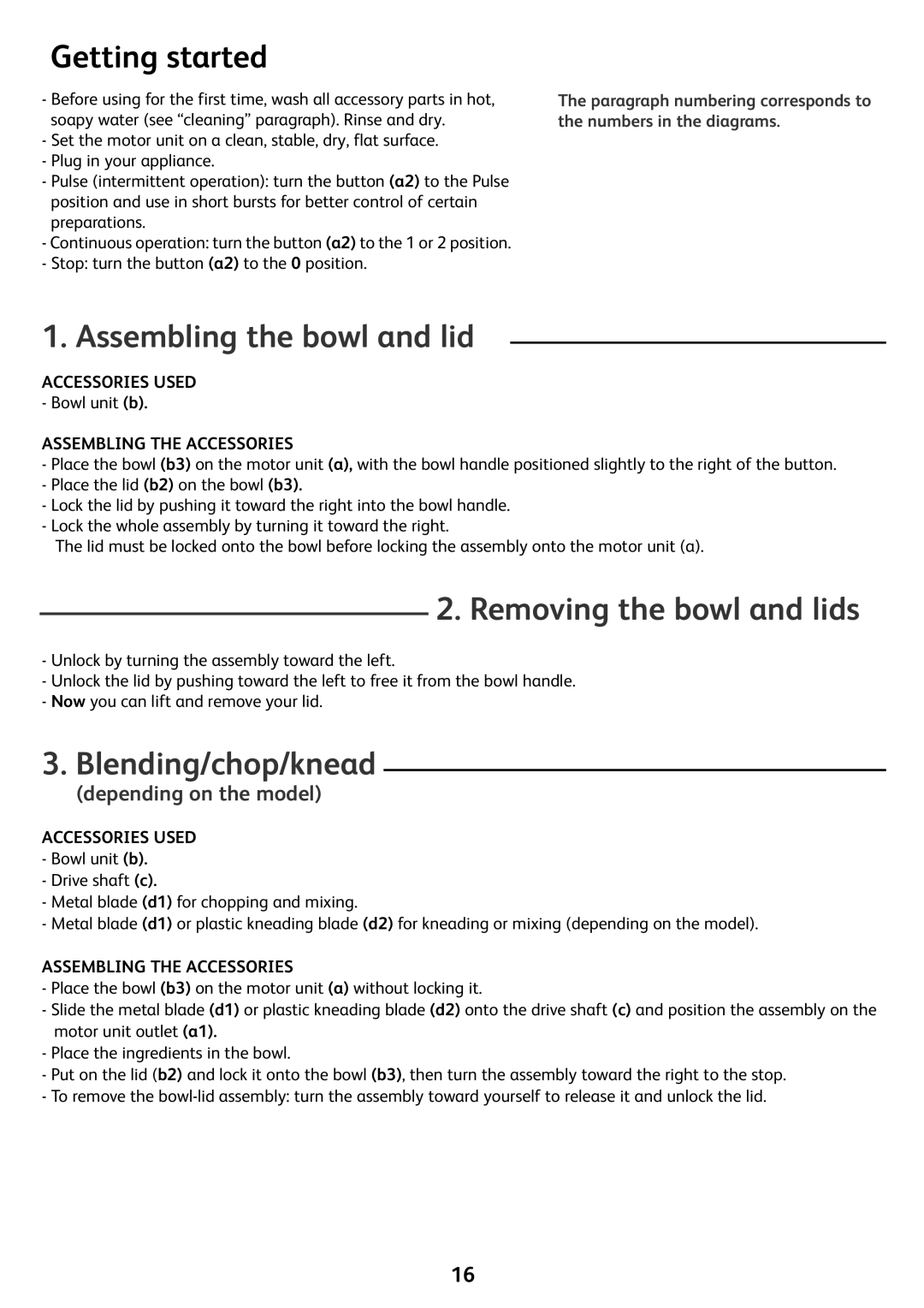 Tefal FP4111B5, FP4111AE Getting started, Assembling the bowl and lid, Removing the bowl and lids, Blending/chop/knead 
