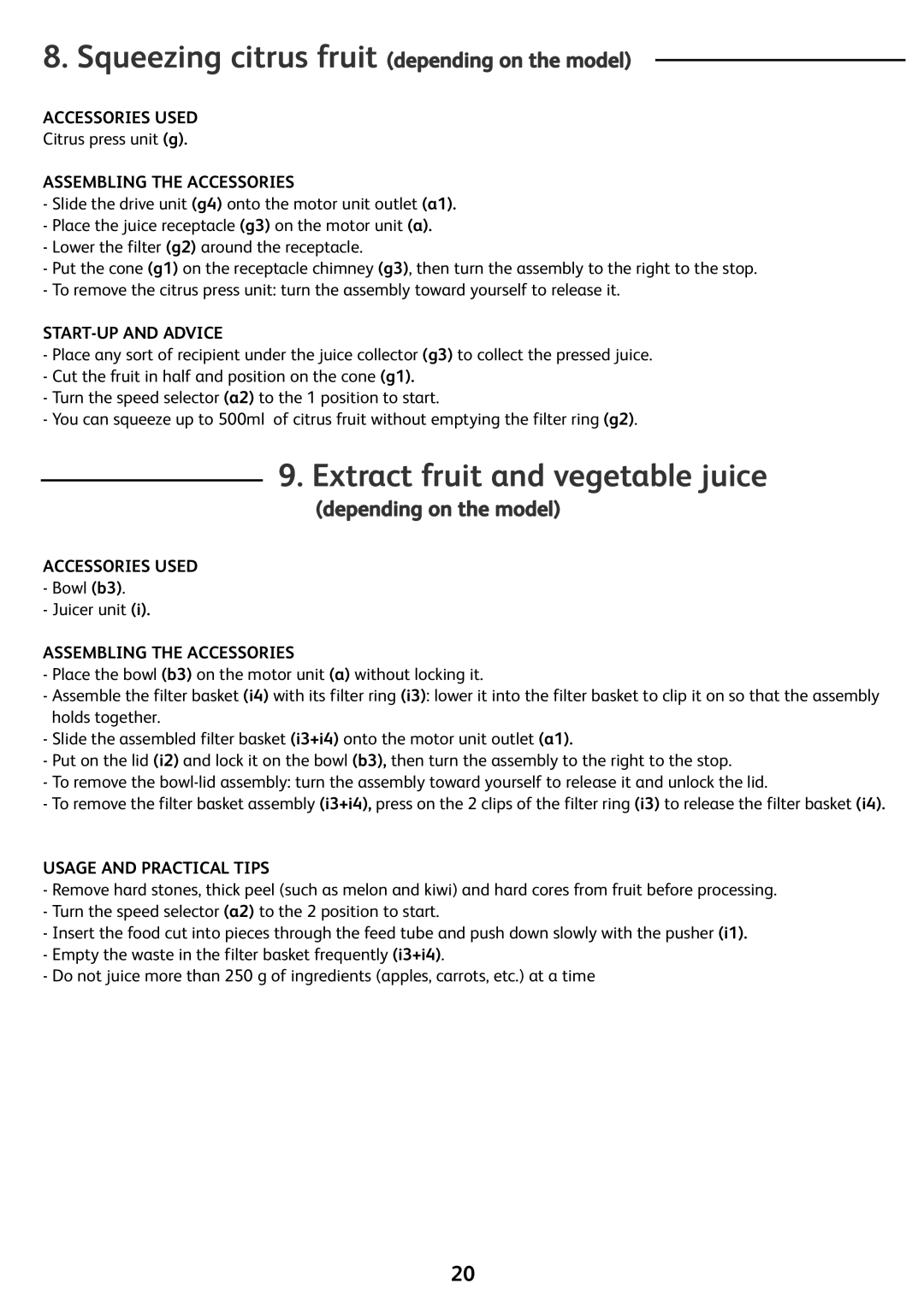 Tefal FP4111B1 manual Extract fruit and vegetable juice, Squeezing citrus fruit depending on the model, START-UP and Advice 