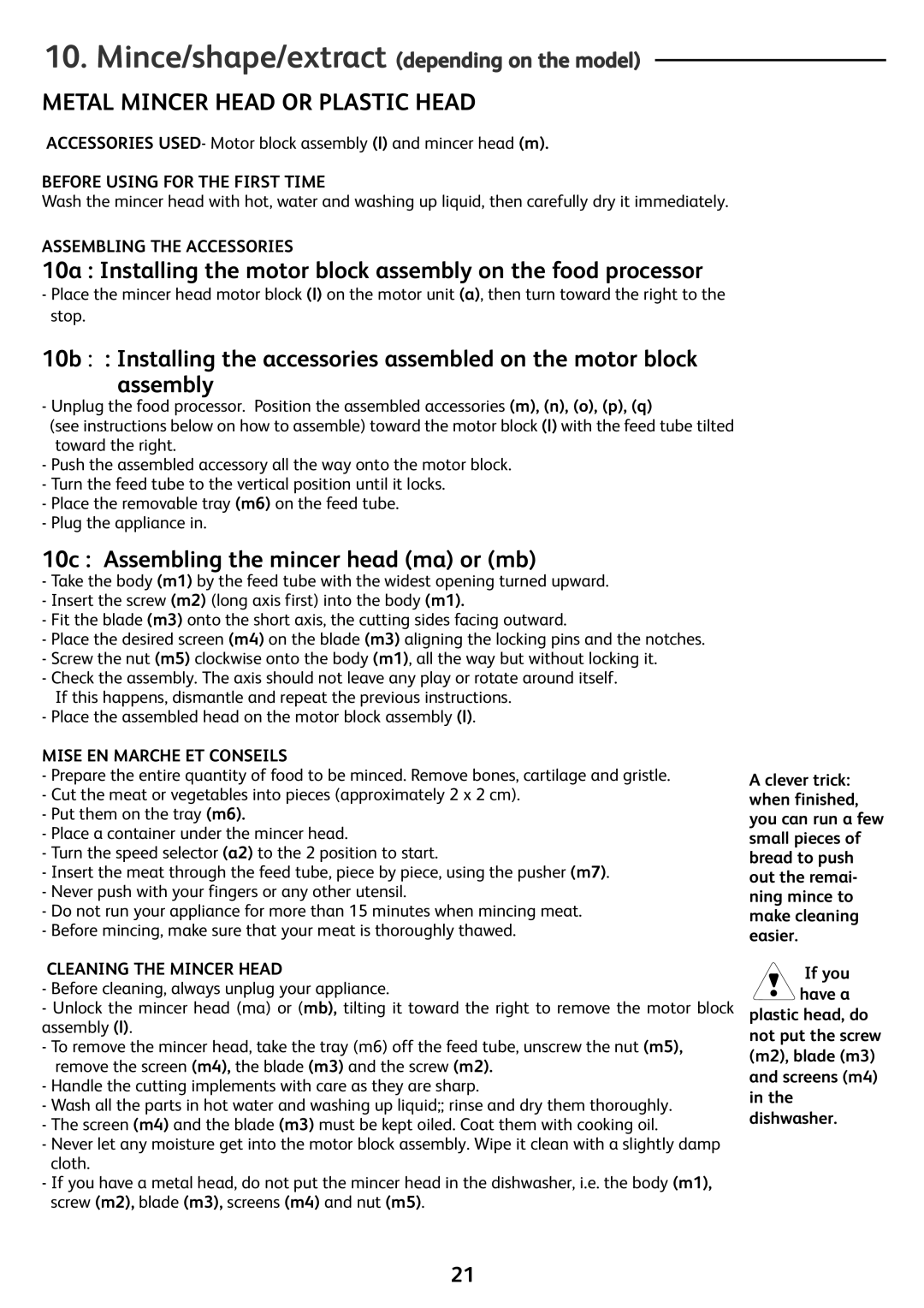 Tefal FP413DA3, FP4111AE, FP4121AA manual 10c Assembling the mincer head ma or mb, Mince/shape/extract depending on the model 