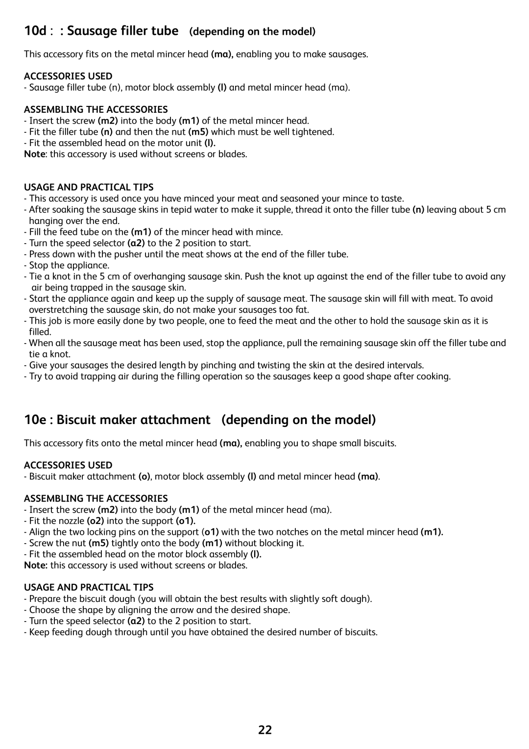 Tefal FP413DB1 manual 10d Sausage filler tube depending on the model, 10e Biscuit maker attachment depending on the model 