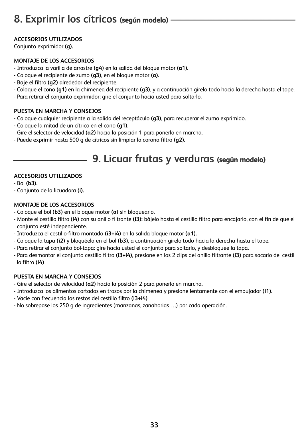 Tefal FP413DB1, FP4111AE, FP4121AA, FP412111 manual Exprimir los cítricos según modelo, Licuar frutas y verduras según modelo 