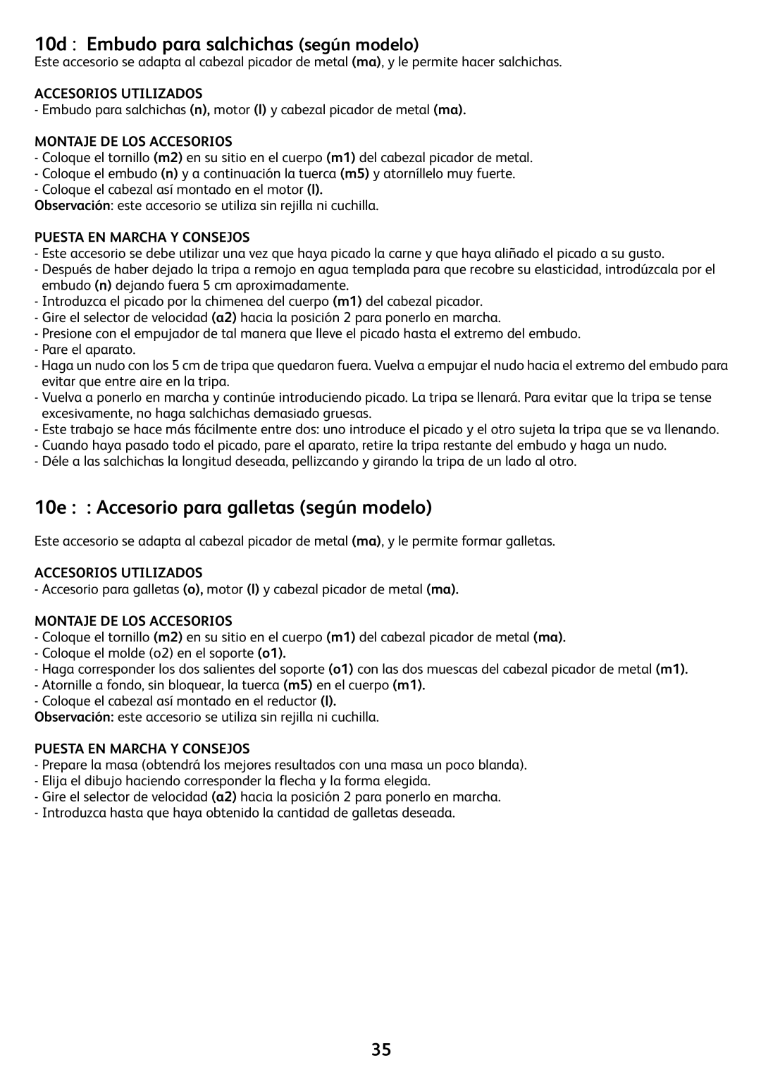 Tefal DO302EAA, FP4111AE, FP4121AA manual 10d Embudo para salchichas según modelo, 10e Accesorio para galletas según modelo 