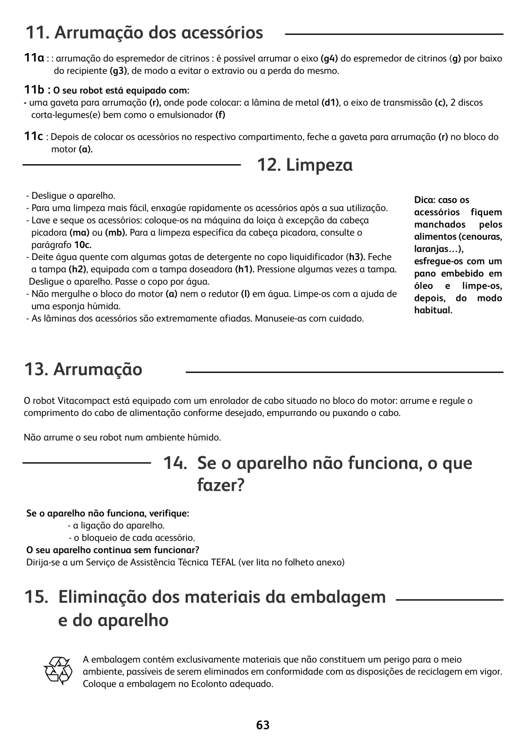 Tefal FP412111, FP4111AE, FP4121AA, FP4111B1 Arrumação dos acessórios, Limpeza, Se o aparelho não funciona, o que fazer? 