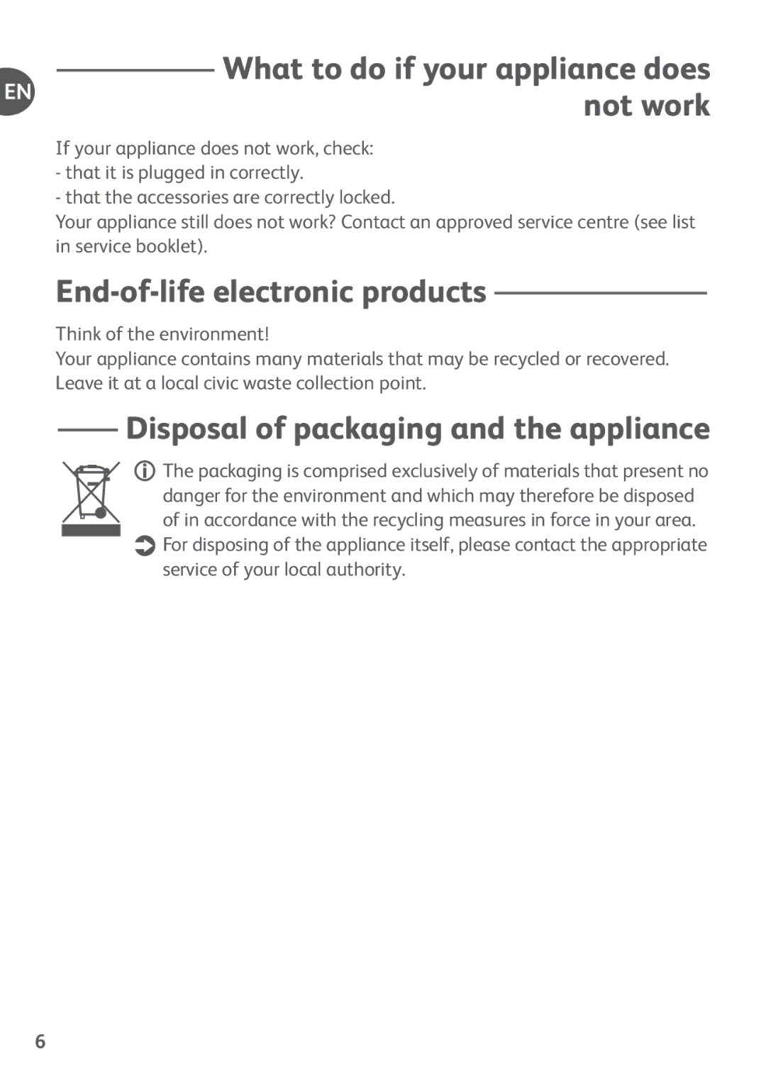 Tefal FP4121B4, FP4111AJ, FP4111B4, FP4101A7 What to do if your appliance does not work, End-of-life electronic products 